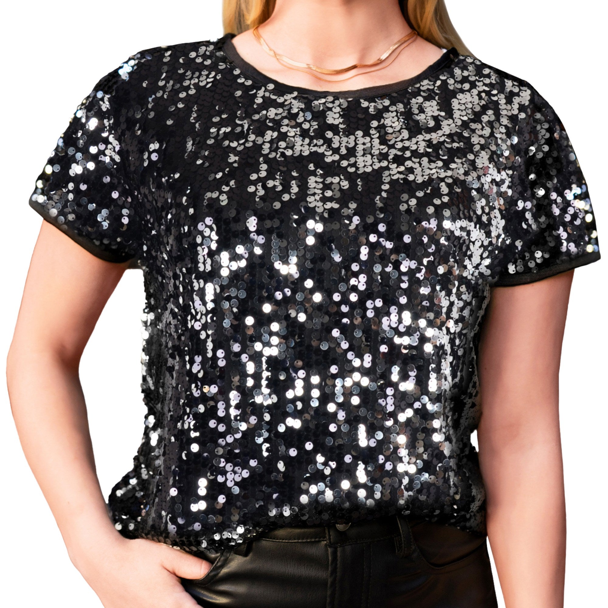 Anna-Kaci Glitter Sequin Fashion Style Tops Short Sleeve Sparkly Binding Shirt Blouse