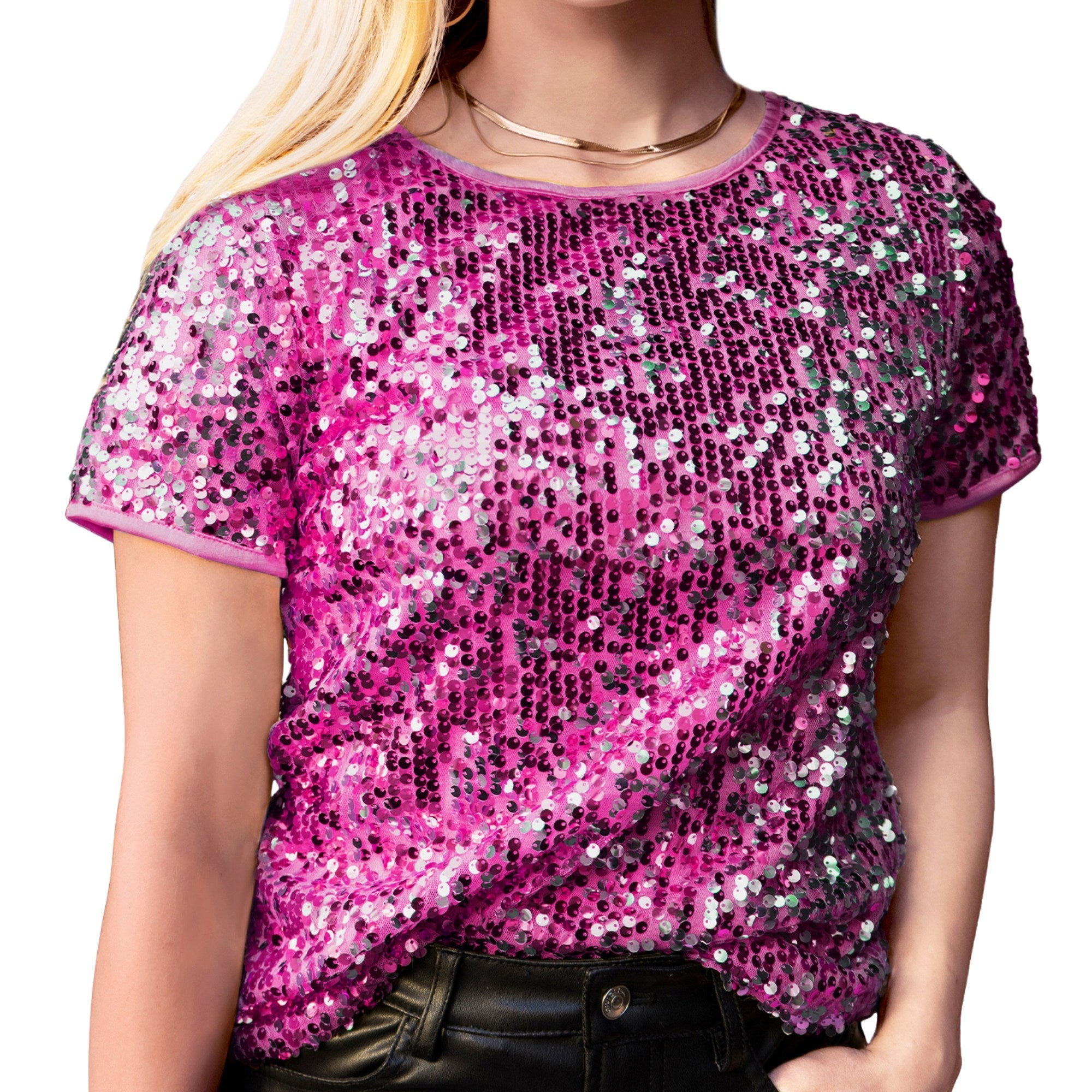 Anna-Kaci Glitter Sequin Fashion Style Tops Short Sleeve Sparkly Binding Shirt Blouse