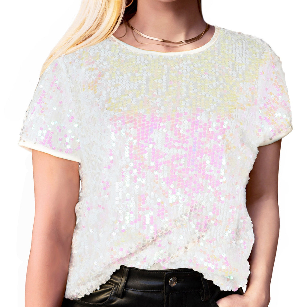 Anna-Kaci Glitter Sequin Fashion Style Tops Short Sleeve Sparkly Binding Shirt Blouse