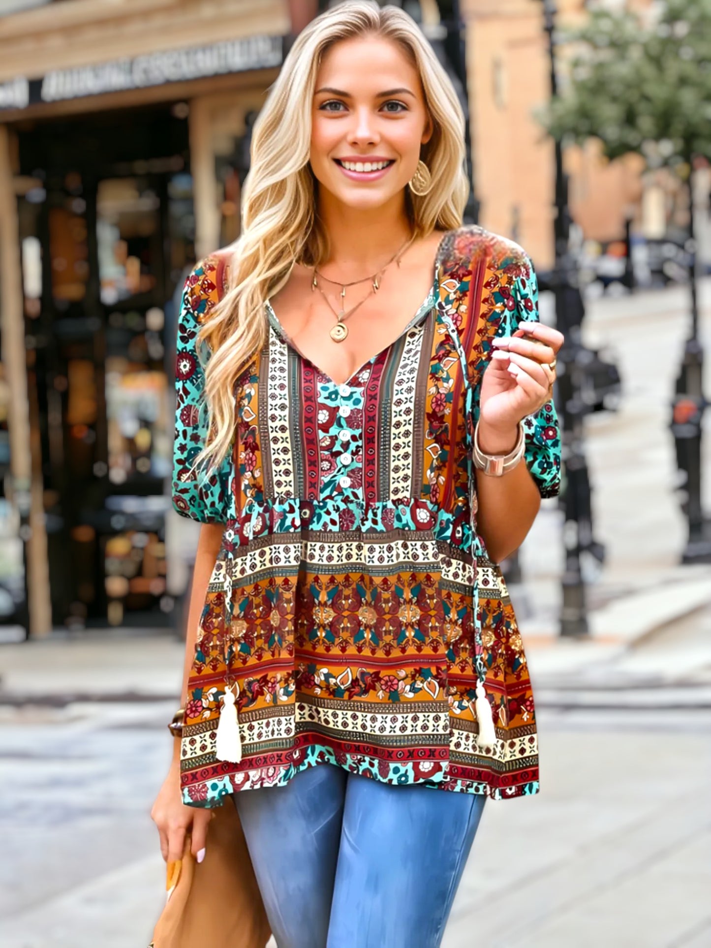 Tassel Tie Neck Puff Sleeve Top