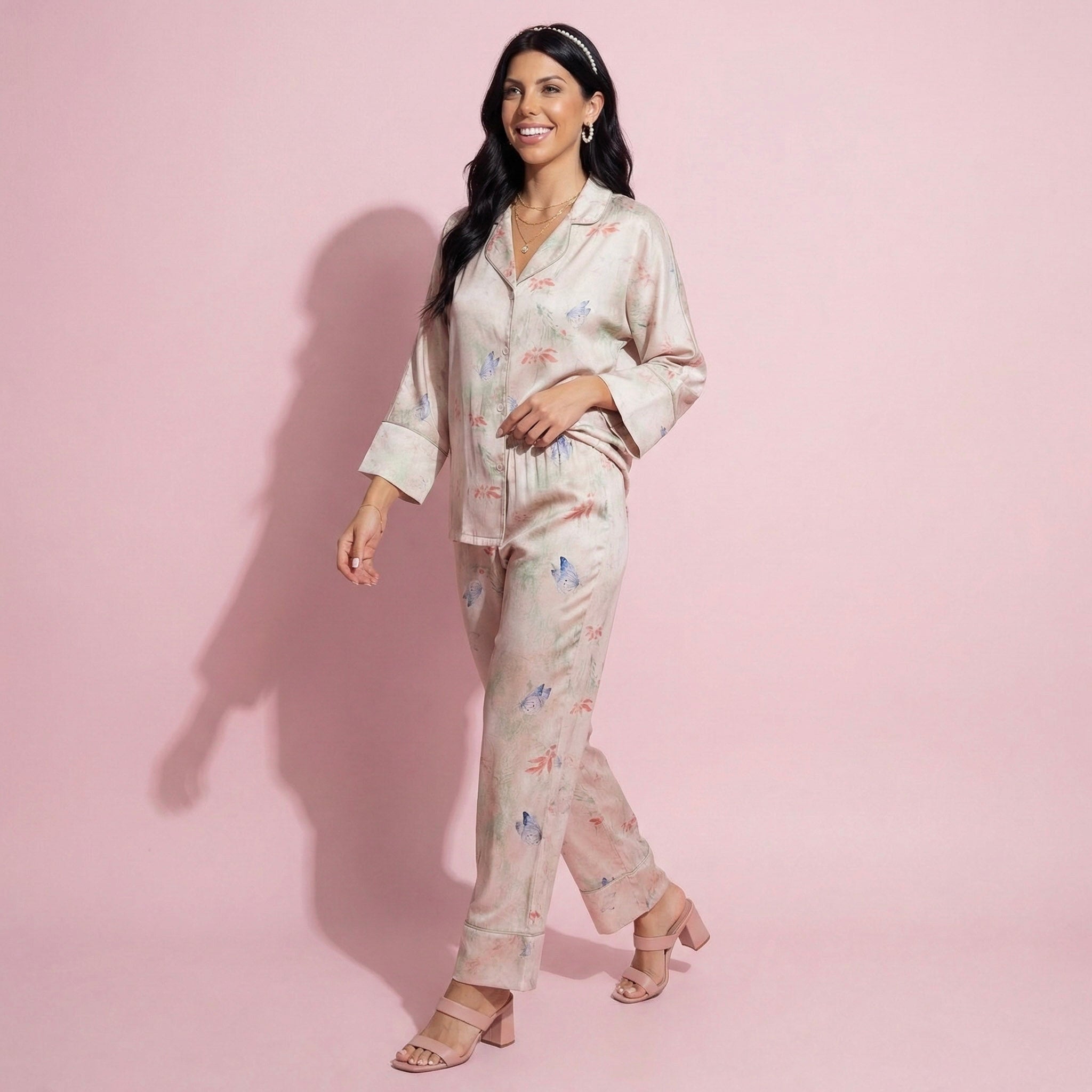 Anna-Kaci Lounge Women's 2-Piece Set Floral Print Button Front Pajama Top with Wide Cuff Sleeves and Matching Relaxed Fit Pants