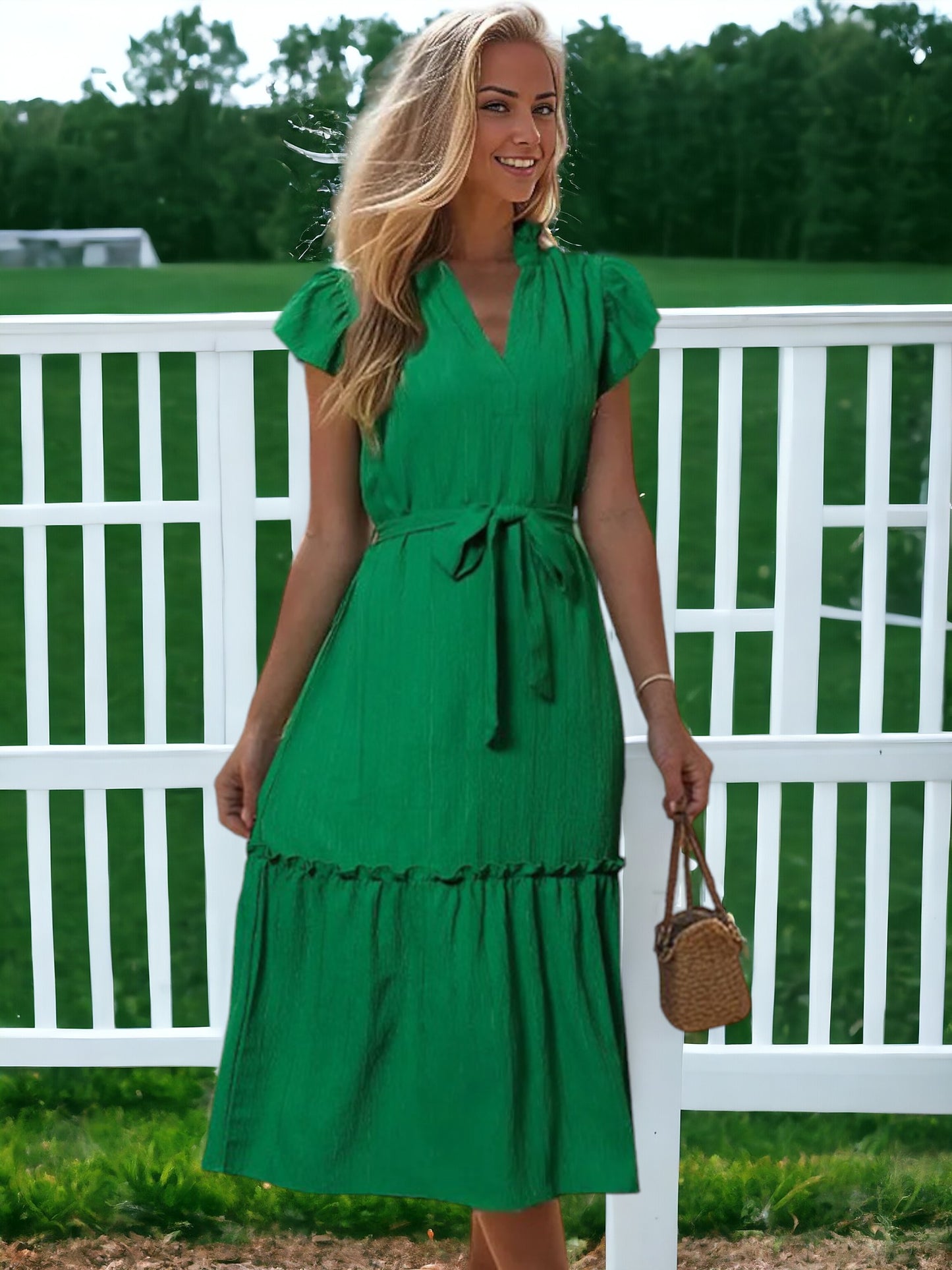 V-Neck Tie Waist Ruffle Cap Sleeve Midi Dress