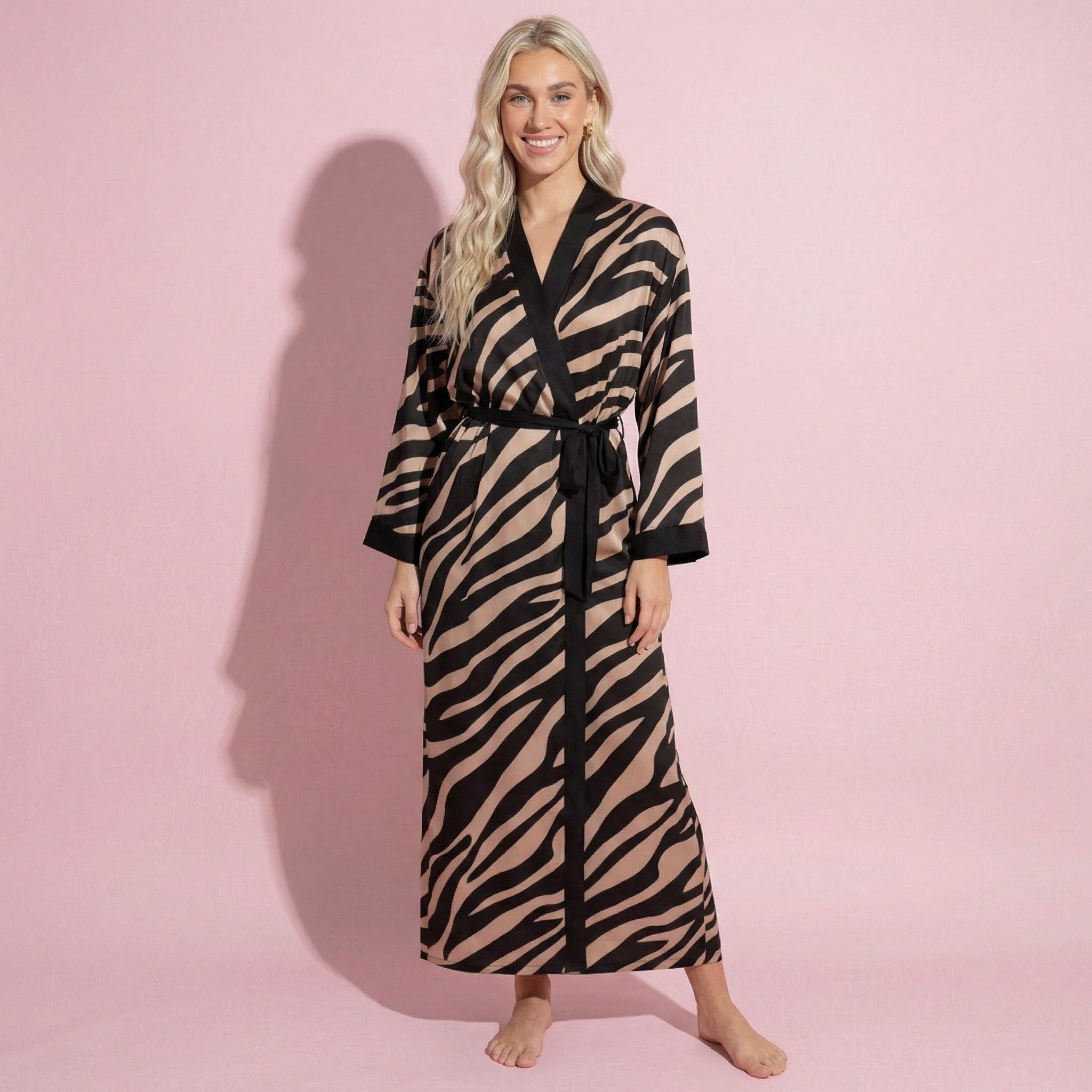 Anna-Kaci Women's Long Satin Robe with Zebra Print Pattern and Tie Waist Belt