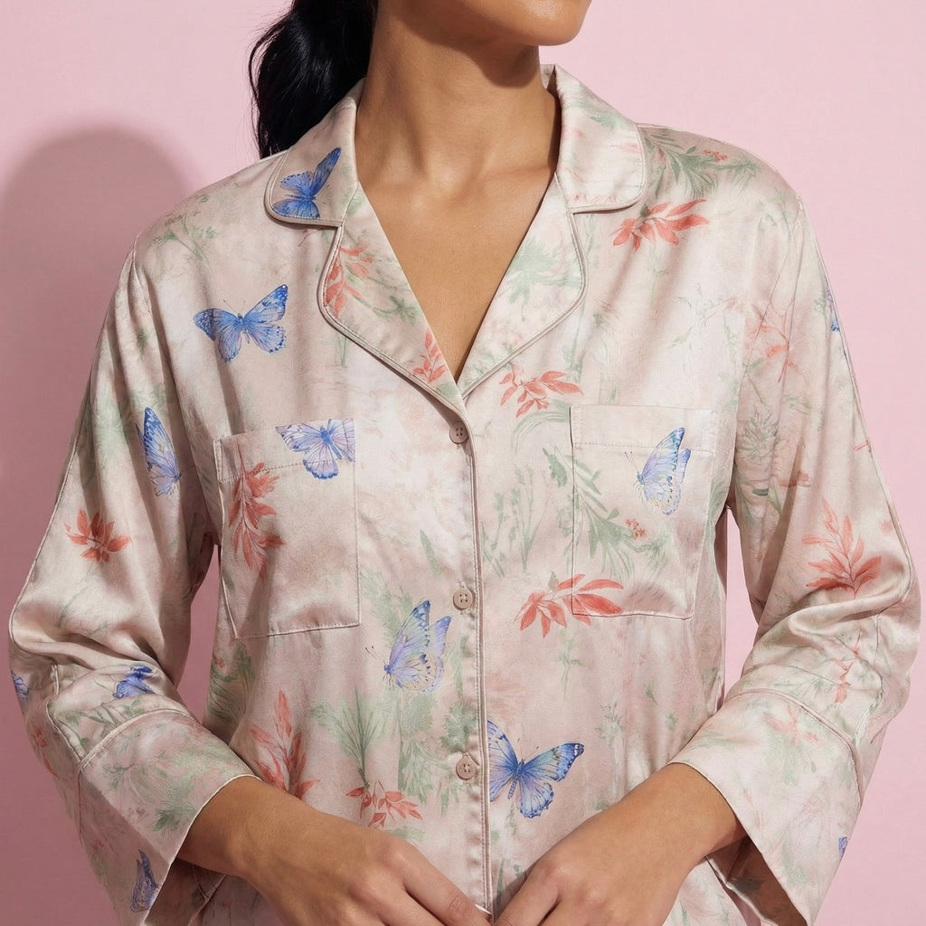 Anna-Kaci Lounge Women's 2-Piece Set Floral Print Button Front Pajama Top with Wide Cuff Sleeves and Matching Relaxed Fit Pants