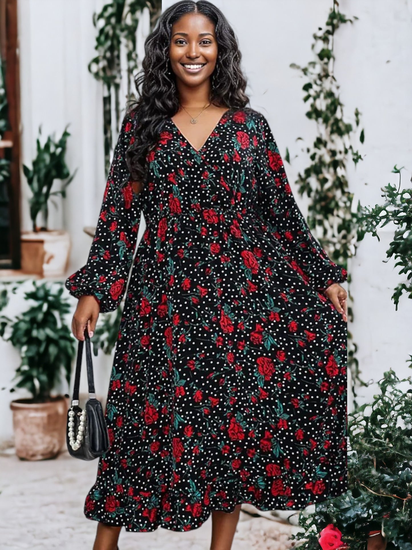 Plus Size Bell Sleeves Rose Floral Print Wrap Maxi Dress