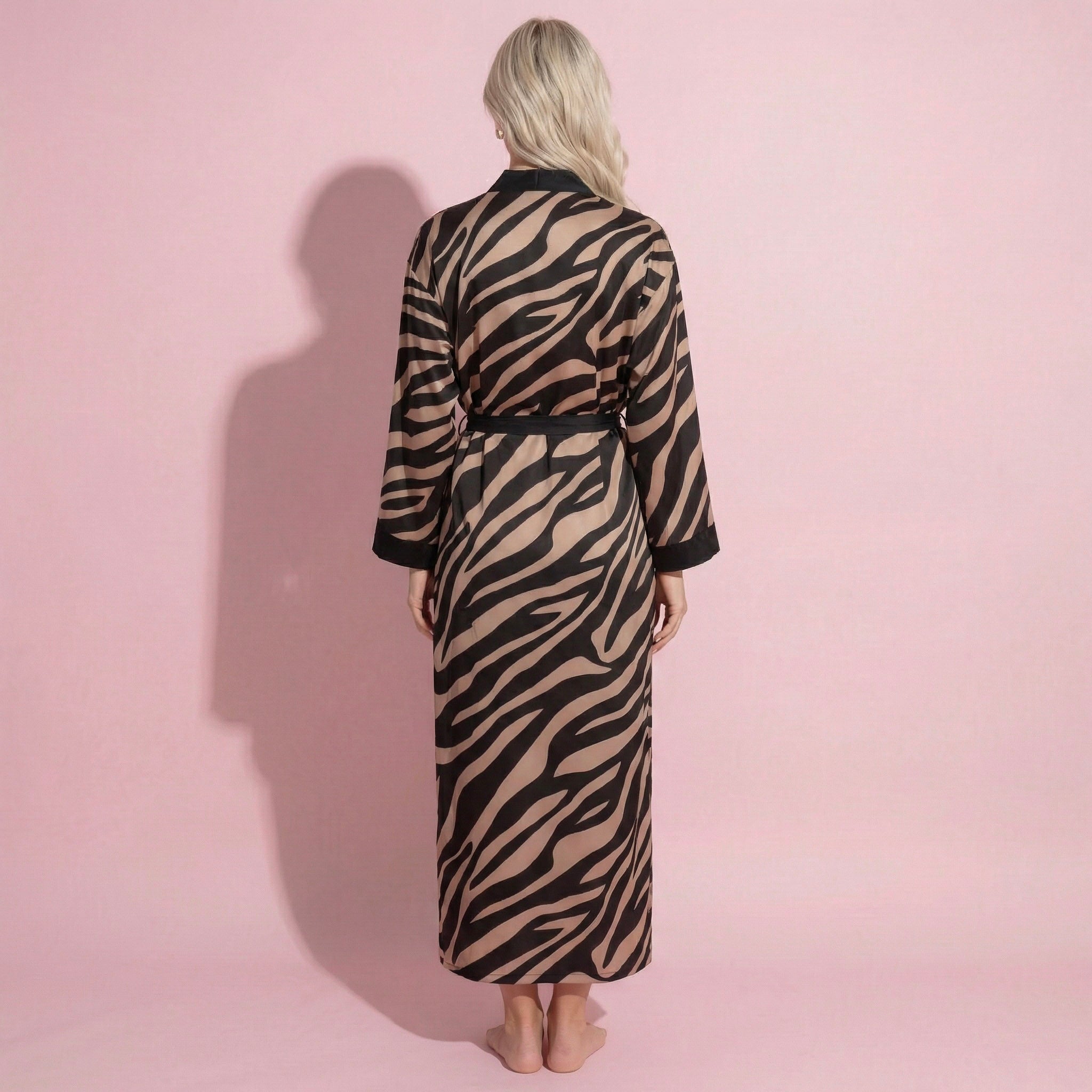 Anna-Kaci Women's Long Satin Robe with Zebra Print Pattern and Tie Waist Belt