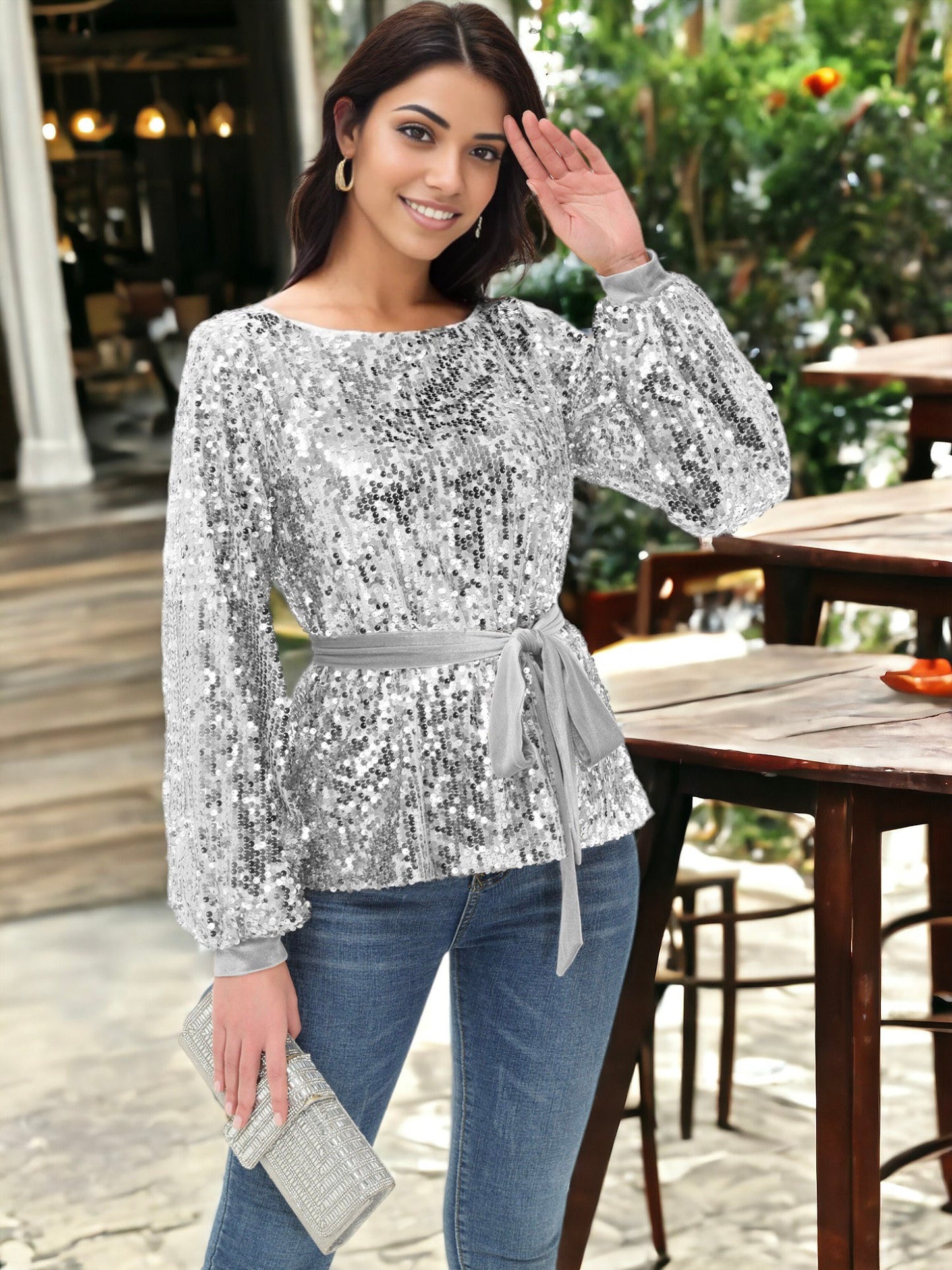 Suéter tipo sudadera con lazo en la cintura y lentejuelas para fiesta 