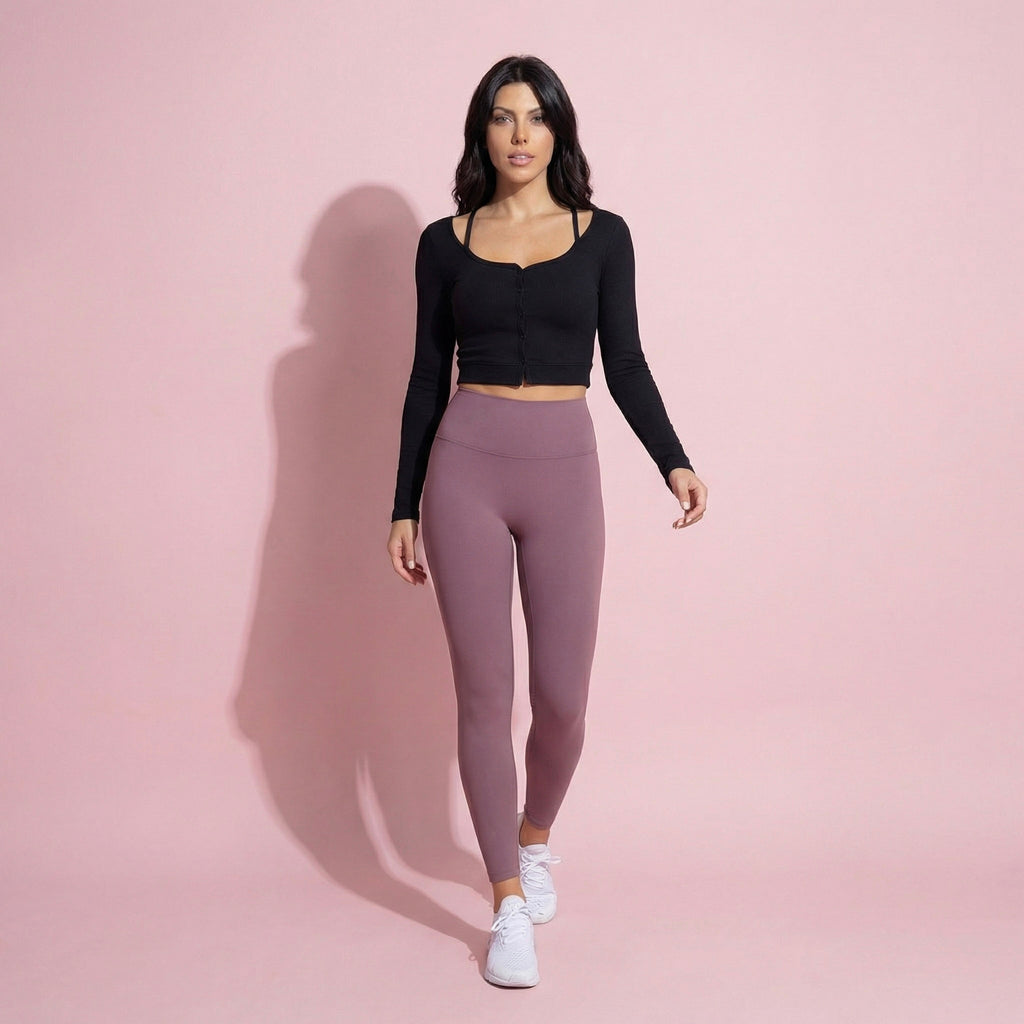 Cropped Button-Up Ribbed Long Sleeve Top with Scoop Neckline