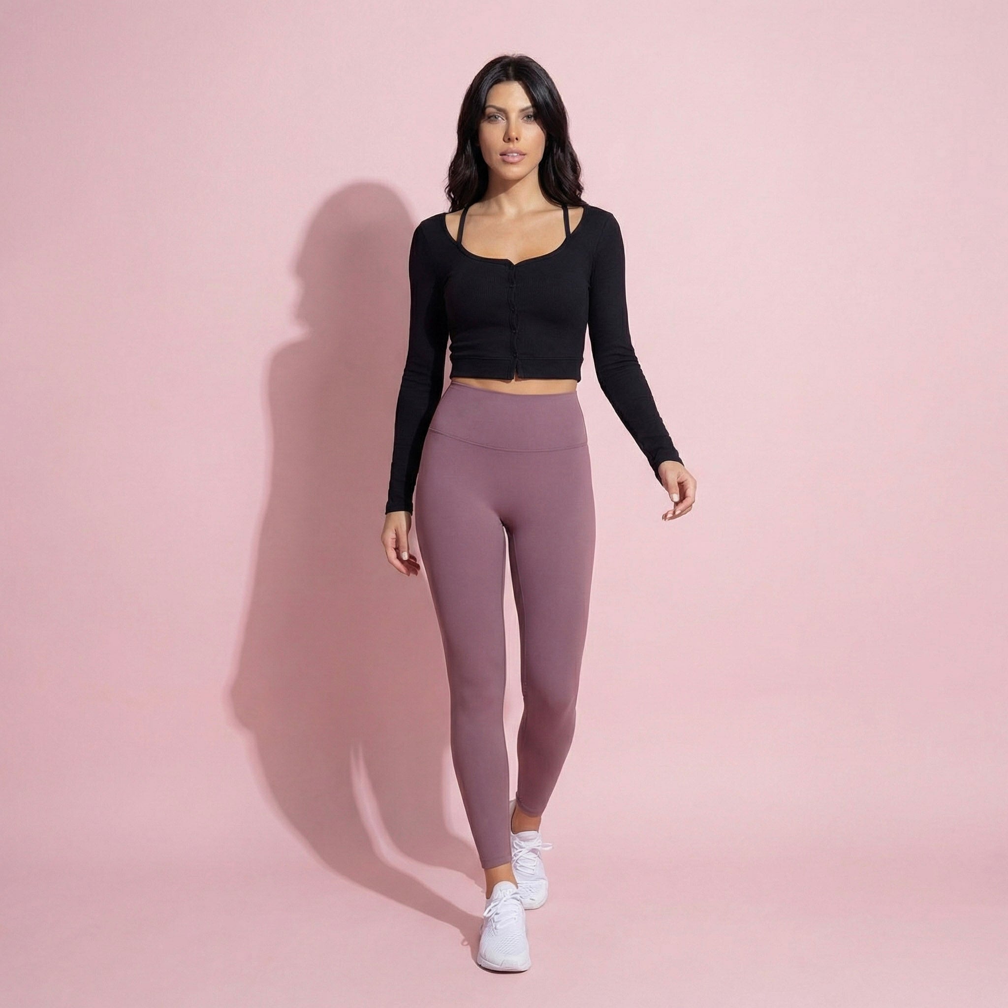 Cropped Button-Up Ribbed Long Sleeve Top with Scoop Neckline