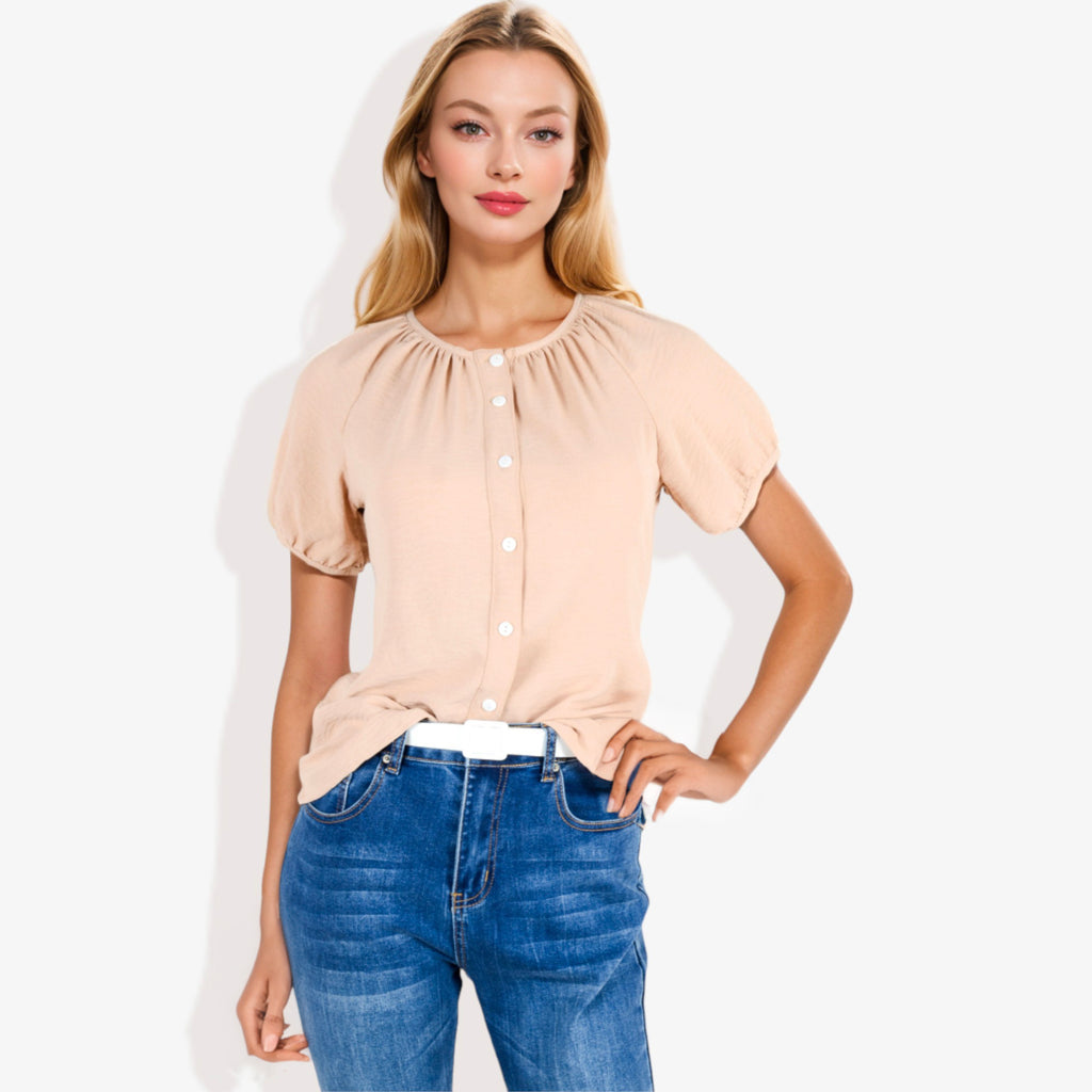 Blusa informal de cuello en V y manga corta con botones para mujer