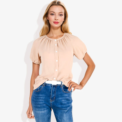 Women's Short Sleeve Button-Down V-Neck Casual Blouse