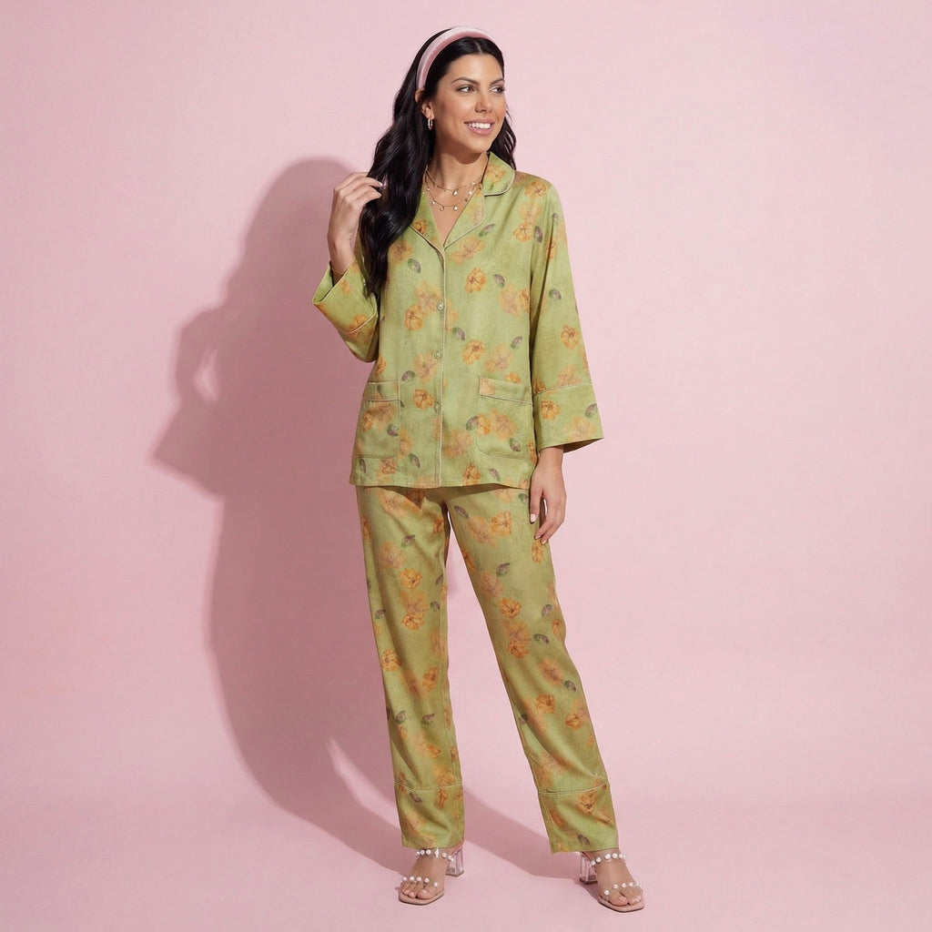 Anna-Kaci Lounge Women's 2-Piece Set Floral Print Button Front Pajama Top with Wide Cuff Sleeves and Matching Relaxed Fit Pants