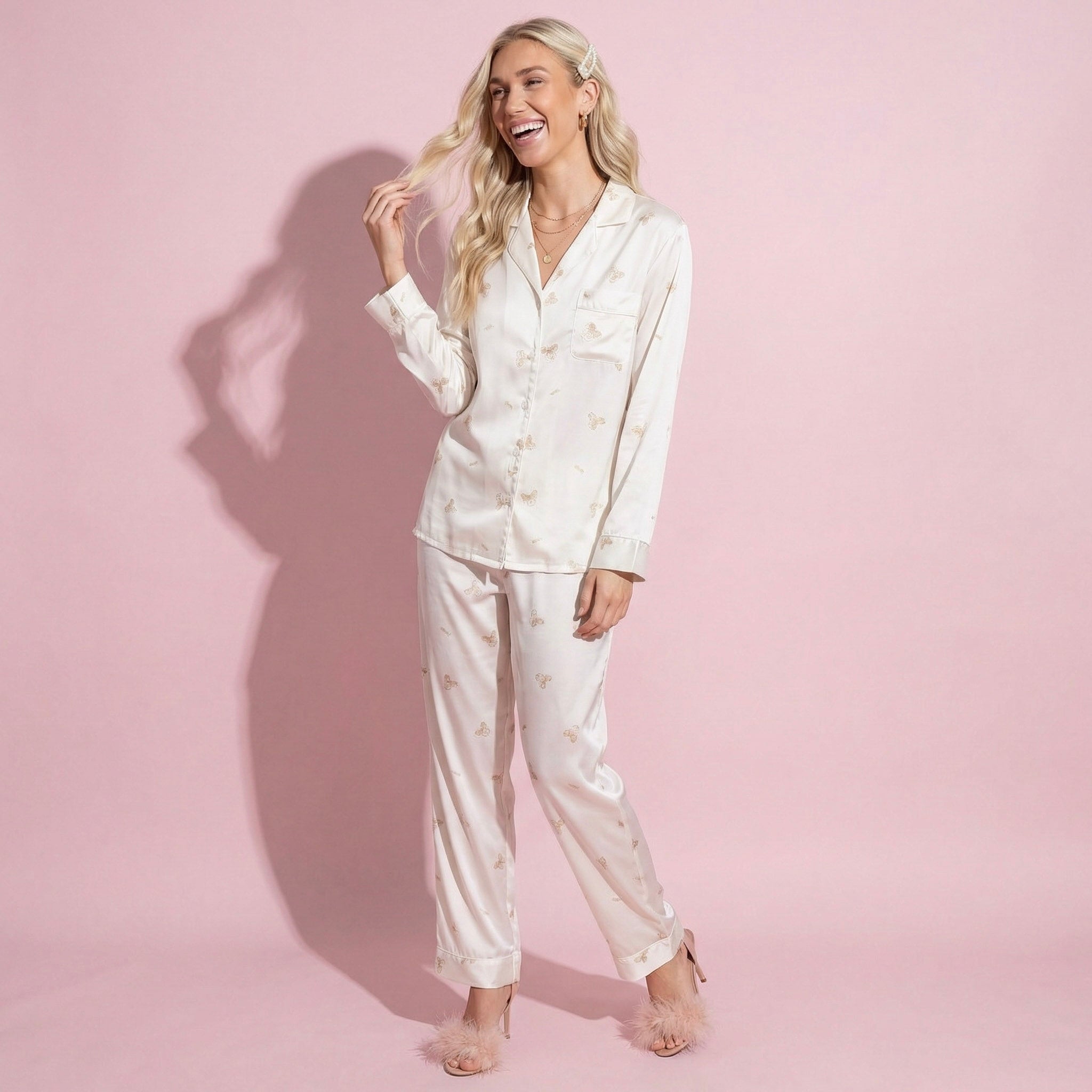 Anna-Kaci Lounge Women's 2-Piece Set Printed Button Front Pajama Top with Relaxed Long Sleeves and Matching Elastic Waist Pants