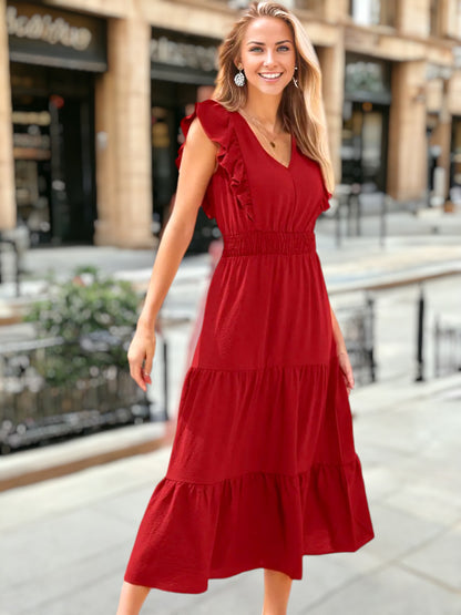 V Neck Ruffle Detail Tiered Dress