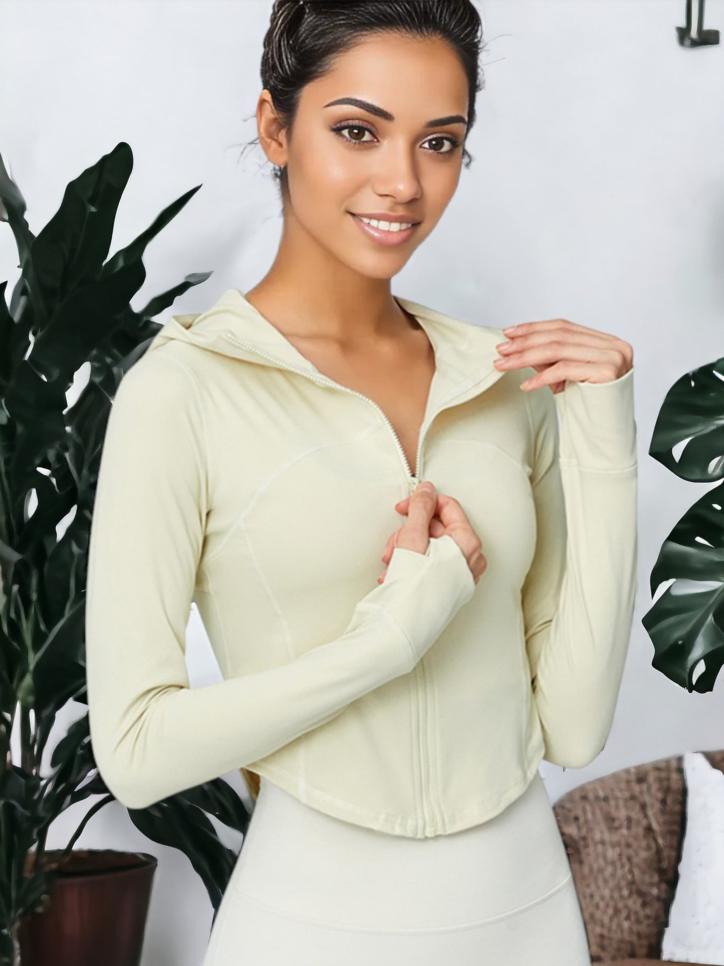 Chaqueta de manga larga con capucha y cremallera para yoga