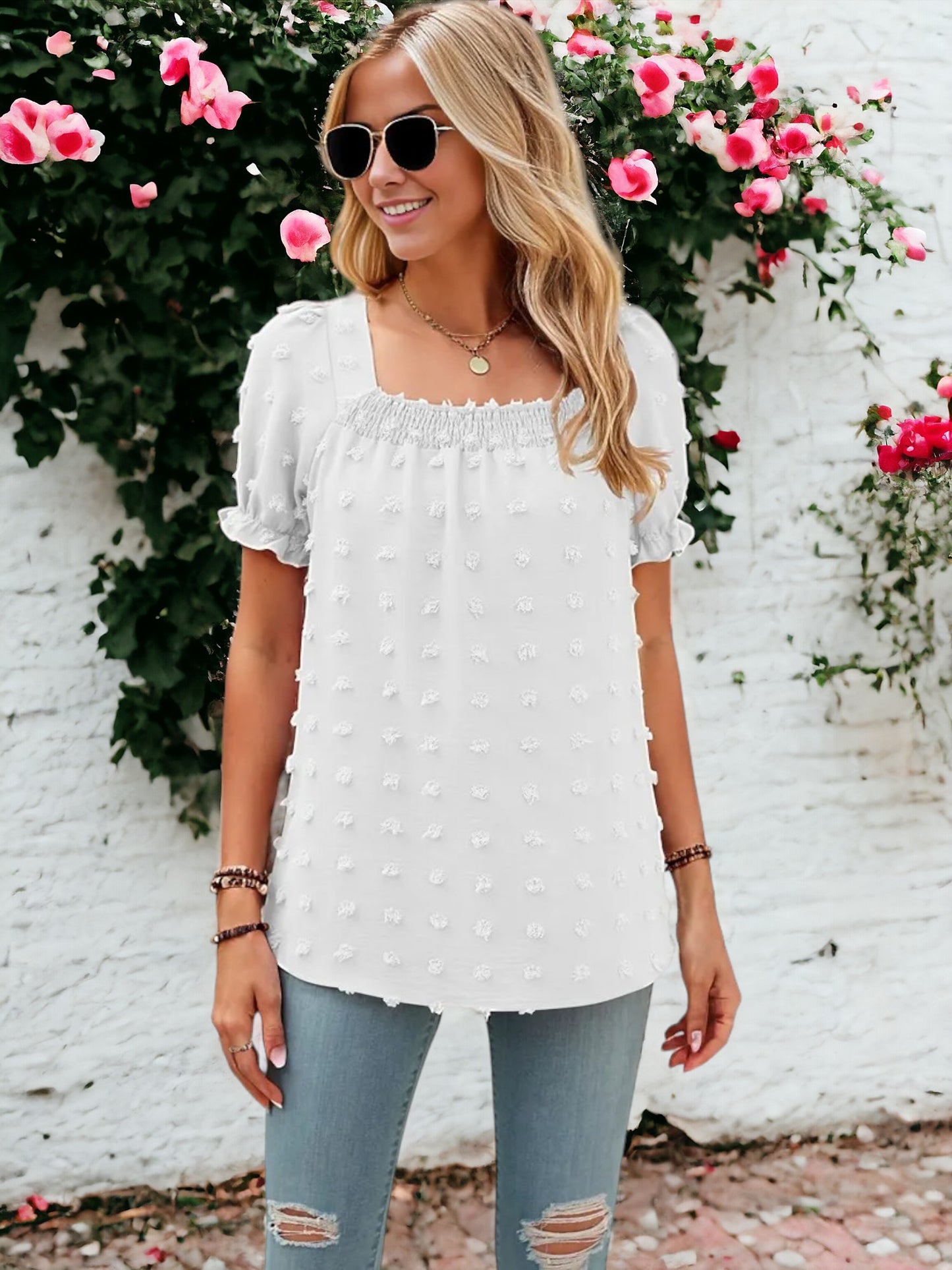 Shirred Square Neck Puff Sleeve Blouse