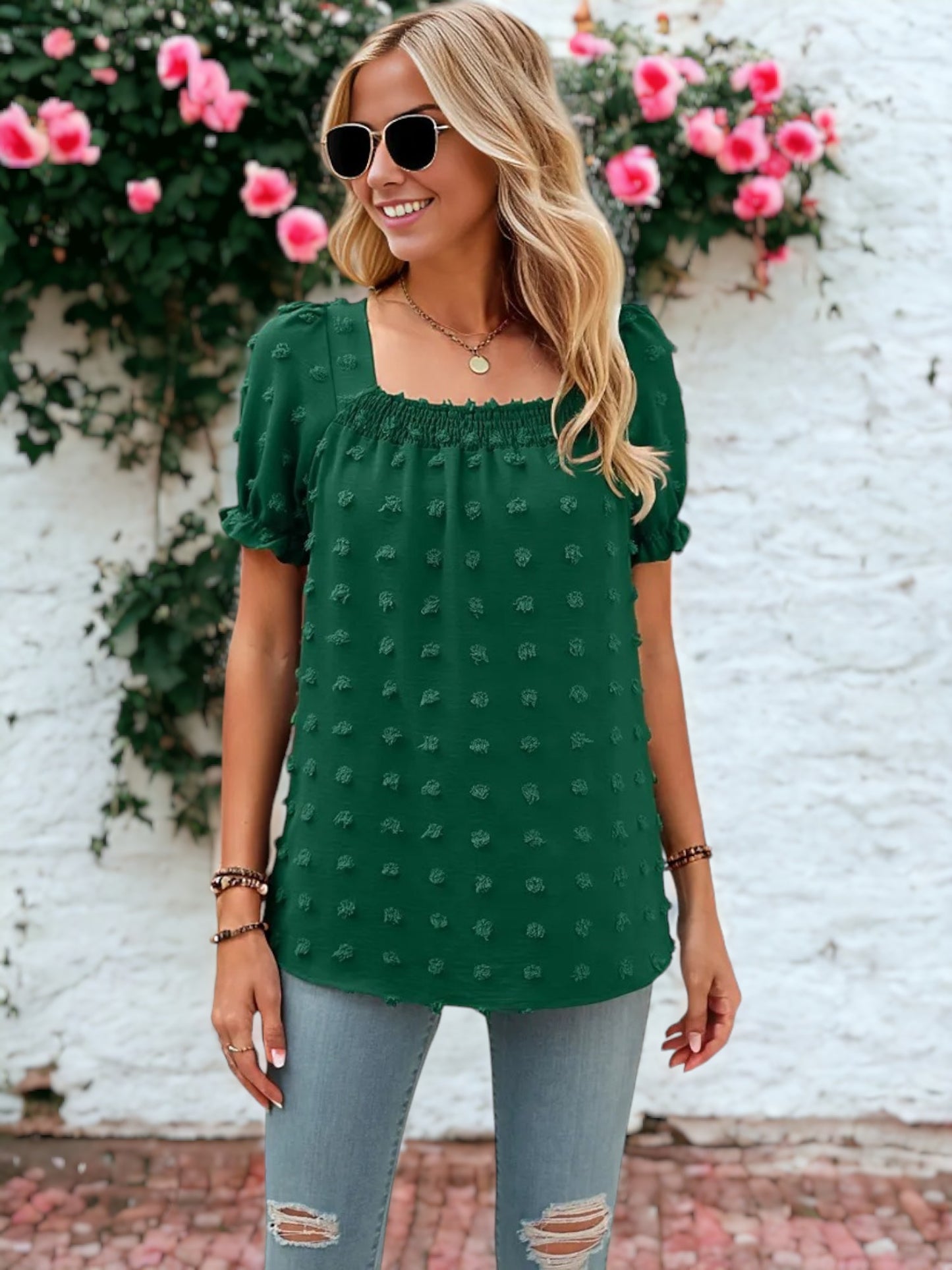 Shirred Square Neck Puff Sleeve Blouse