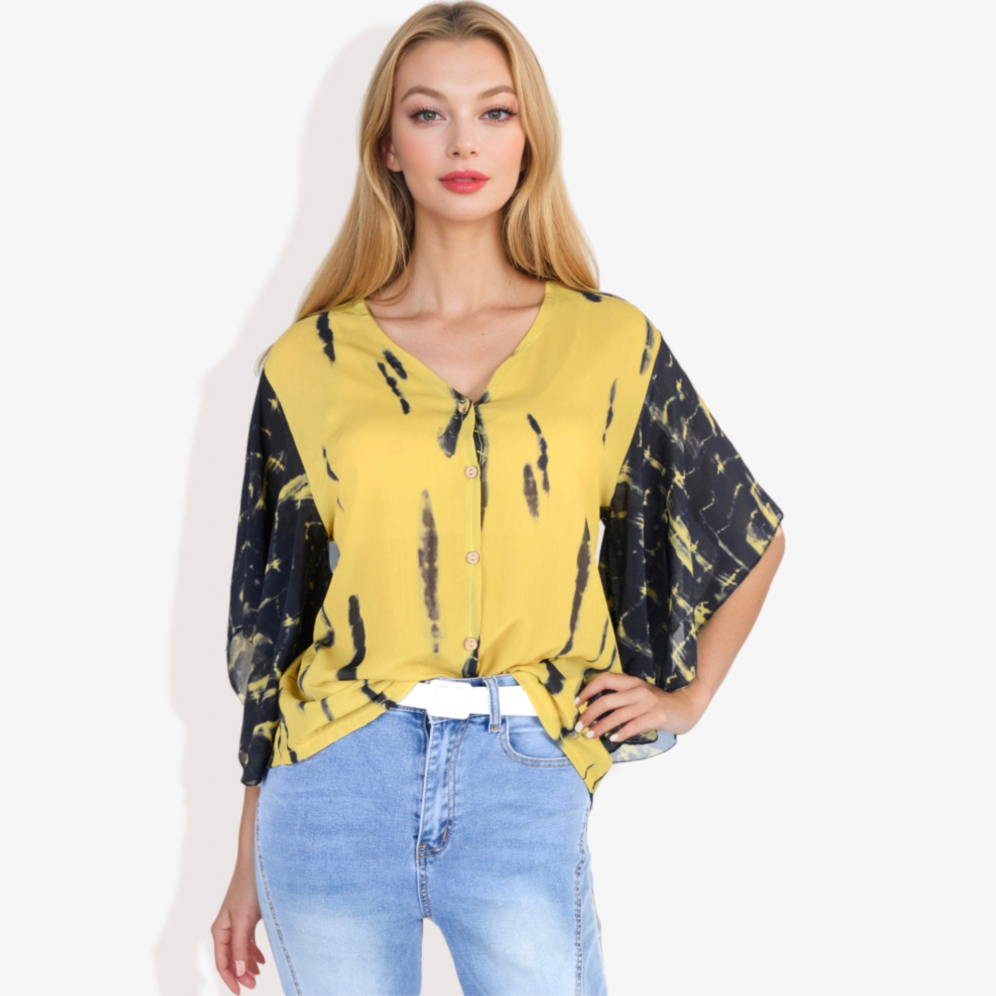 Blusa con mangas estilo kimono y efecto tie-dye con botones en la parte delantera para mujer de Anna-Kaci