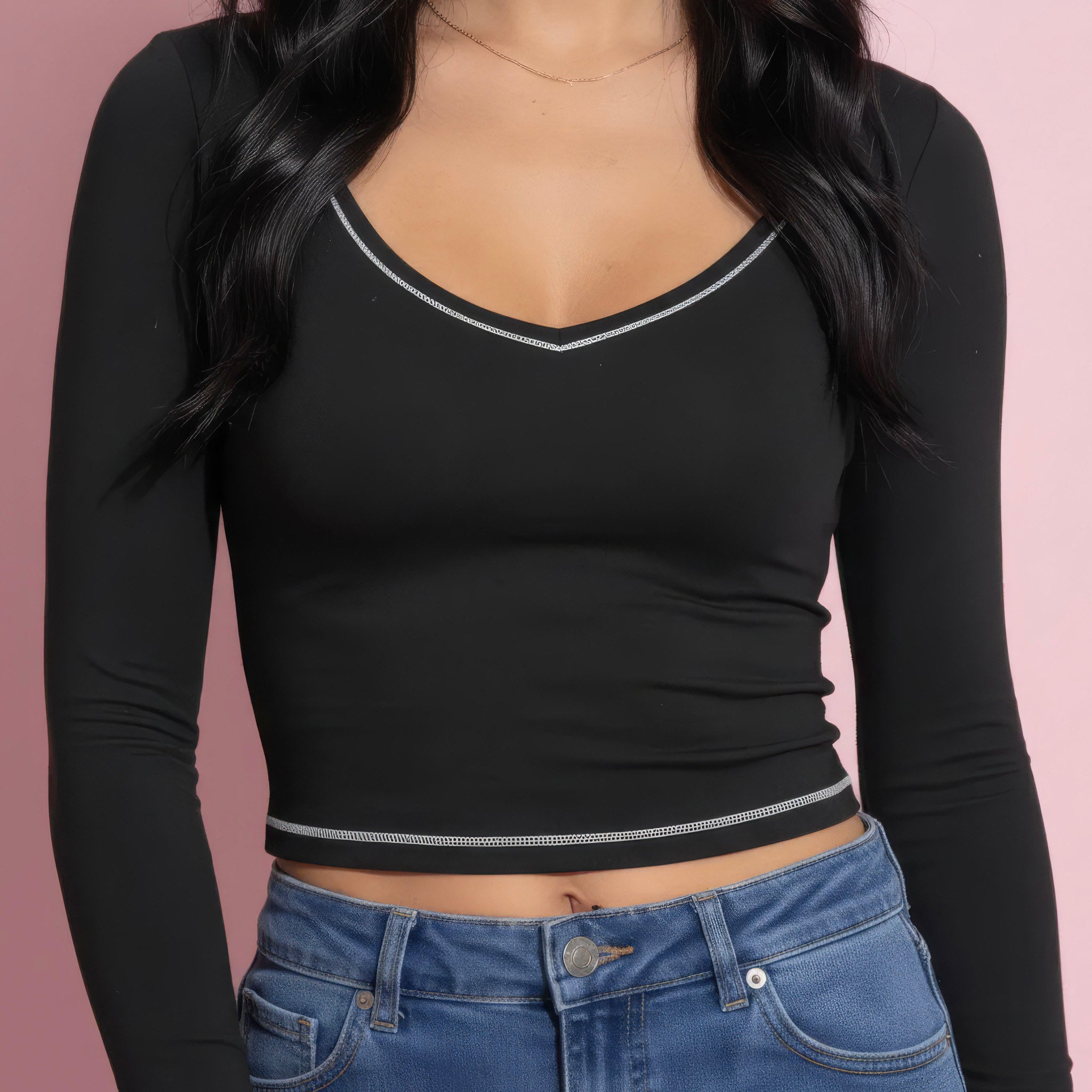 Anna-Kaci Active Women's Long Sleeve Cropped Top with V Neckline Contrast Trim and Smooth Stretch Fit