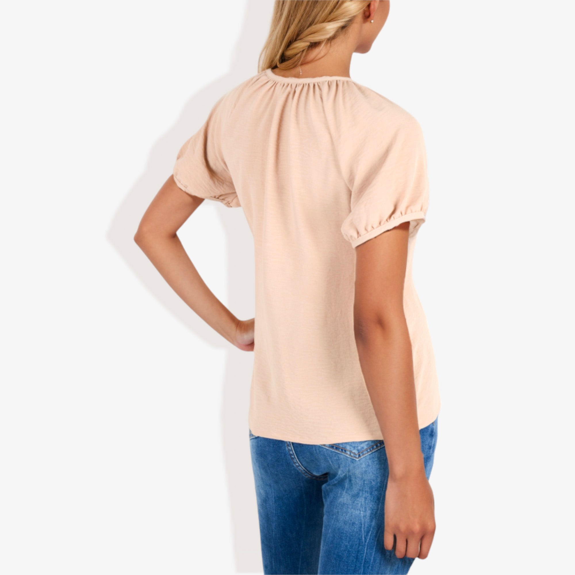 Blusa informal de cuello en V y manga corta con botones para mujer