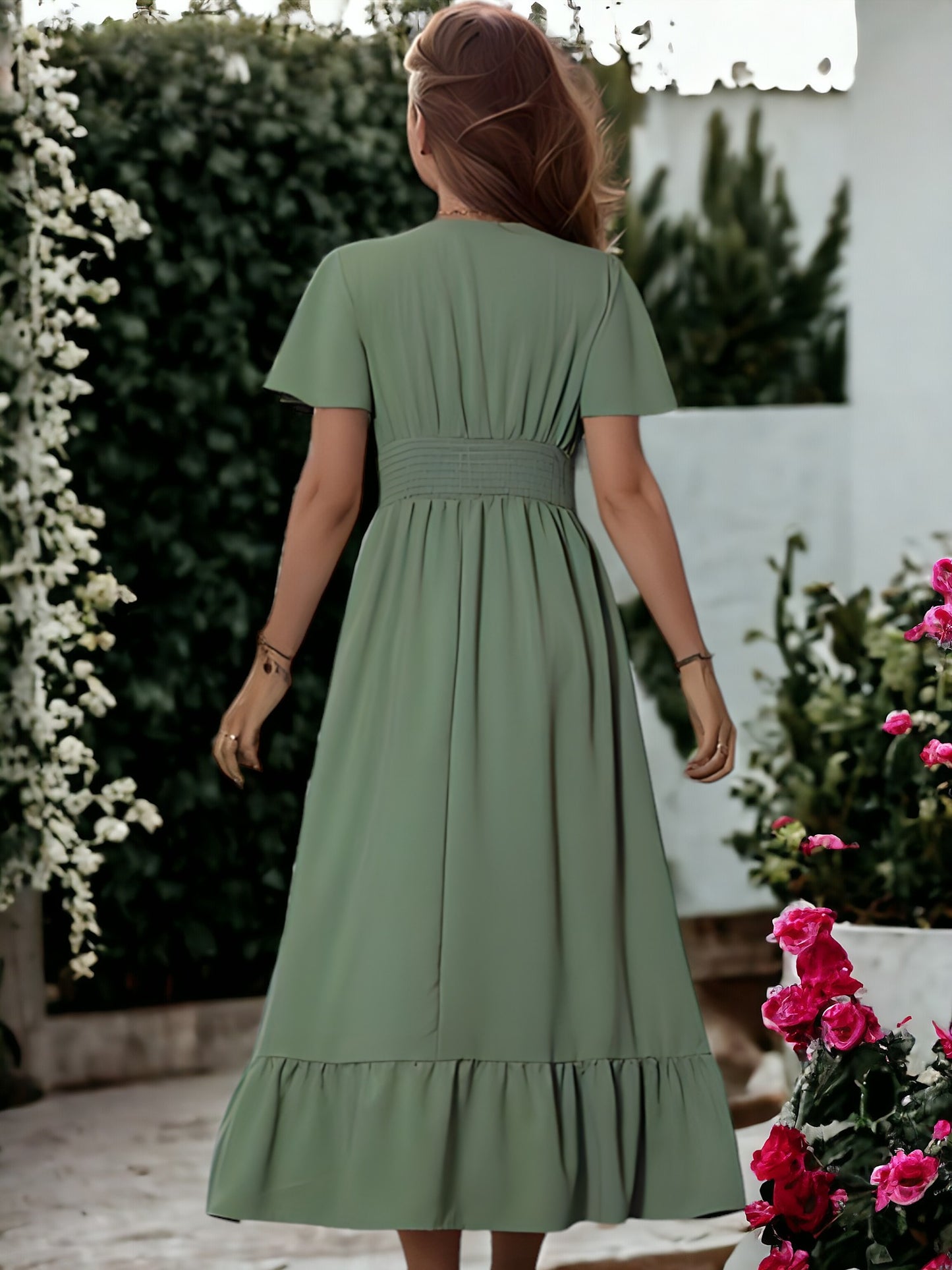 V-Neck Flared Ruffle Sleeve Button Detail Dress