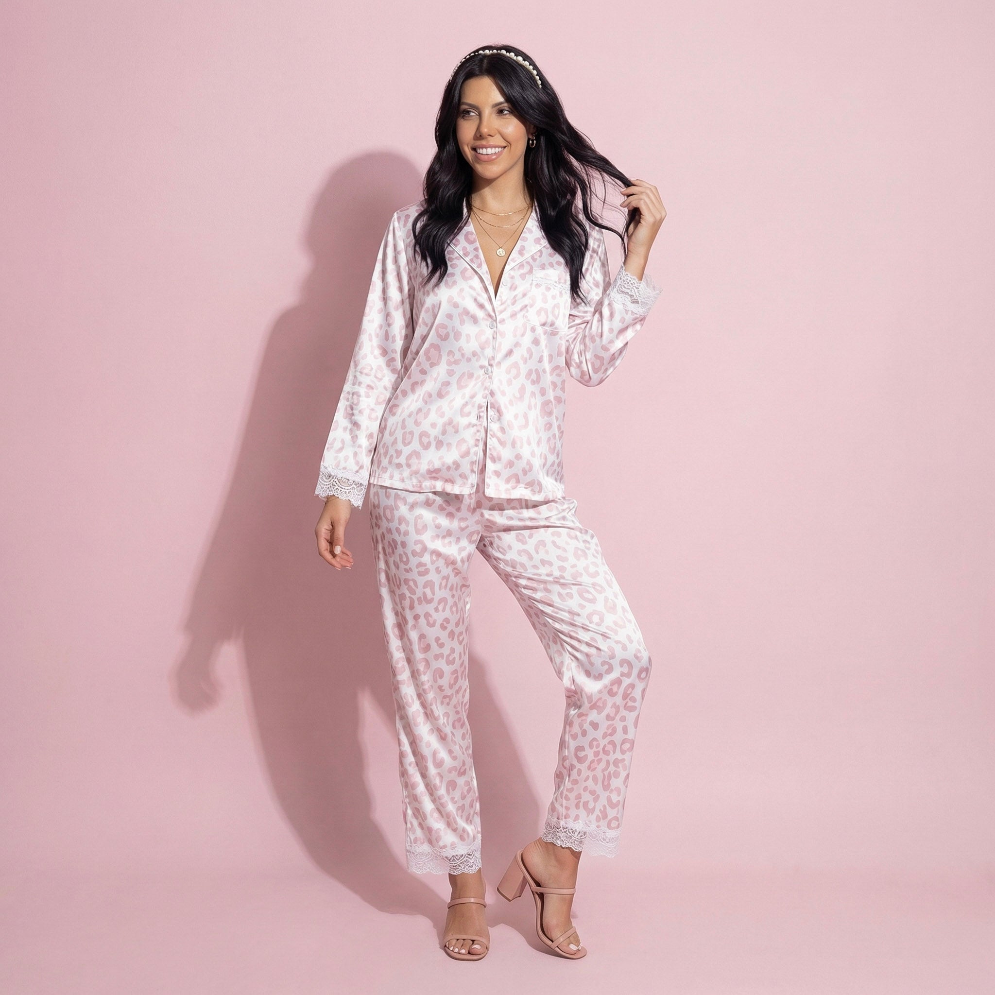 Anna-Kaci Lounge Women's 2-Piece Set Leopard Print Button Front Pajama Top with Lace Trim Sleeves and Matching Relaxed Fit Pants