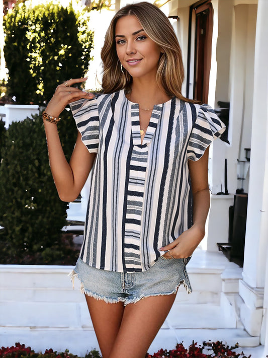 Striped V-Neck Collar With Ruffle Sleeved Blouse