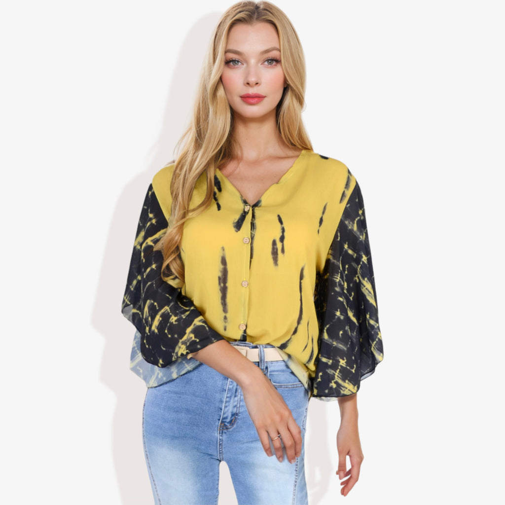 Blusa con mangas estilo kimono y efecto tie-dye con botones en la parte delantera para mujer de Anna-Kaci