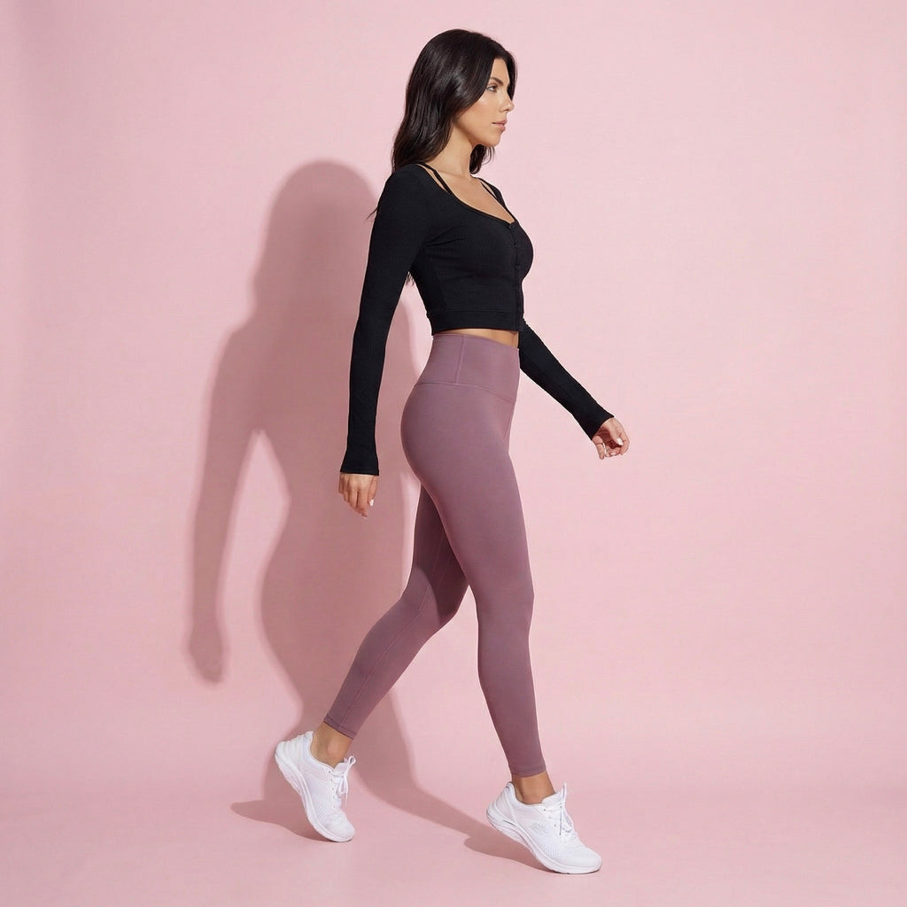 Cropped Button-Up Ribbed Long Sleeve Top with Scoop Neckline