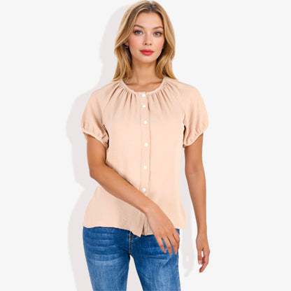 Women's Short Sleeve Button-Down V-Neck Casual Blouse