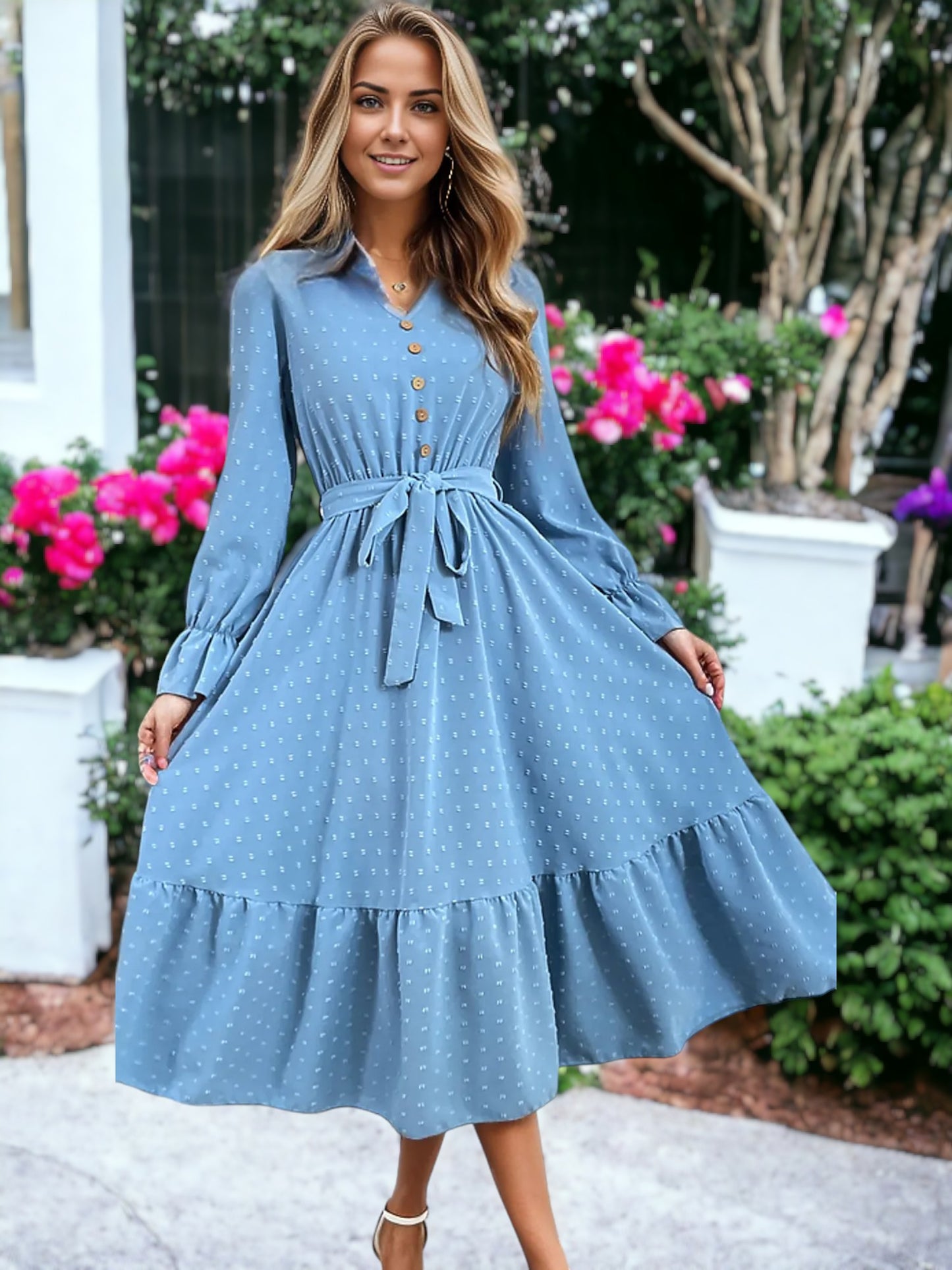 Vestido largo elegante con escote en V y temperamento ajustado