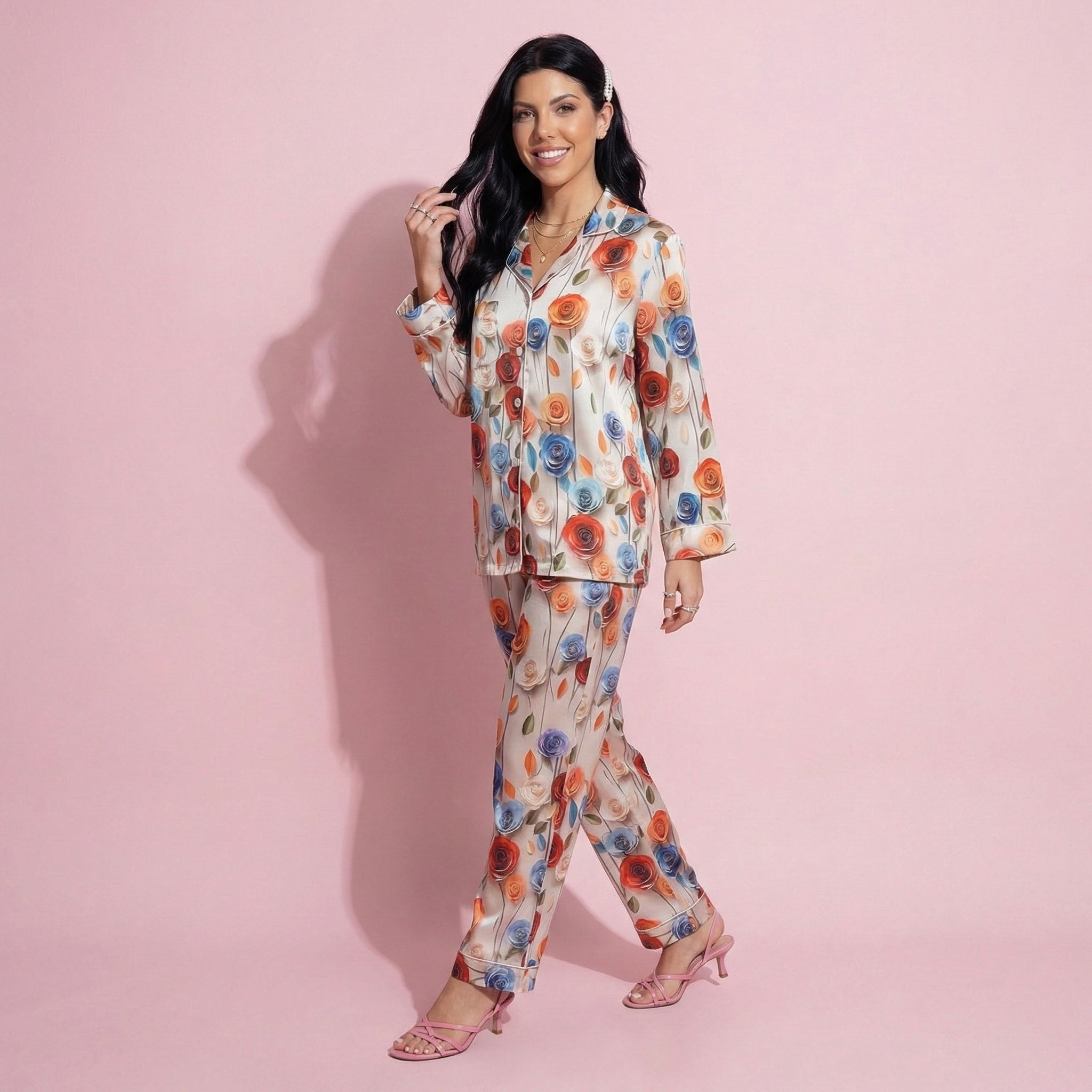 Anna-Kaci Lounge Women's 2-Piece Set Floral Satin Button Front Pajama Top with Contrast Piping and Elastic Waist Pants