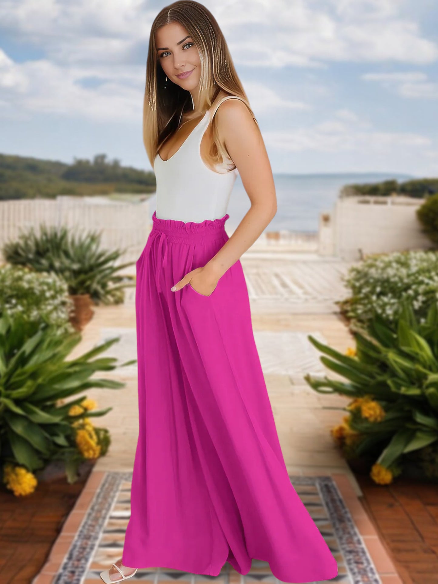 Anna-Kaci Women's High Waist Wide Leg Pants with Drawstring Waist