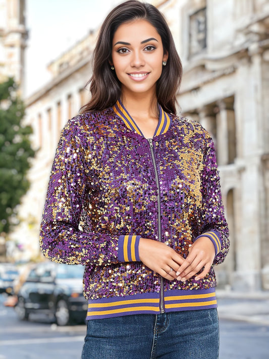 Chaqueta universitaria con cremallera y puños a rayas con lentejuelas