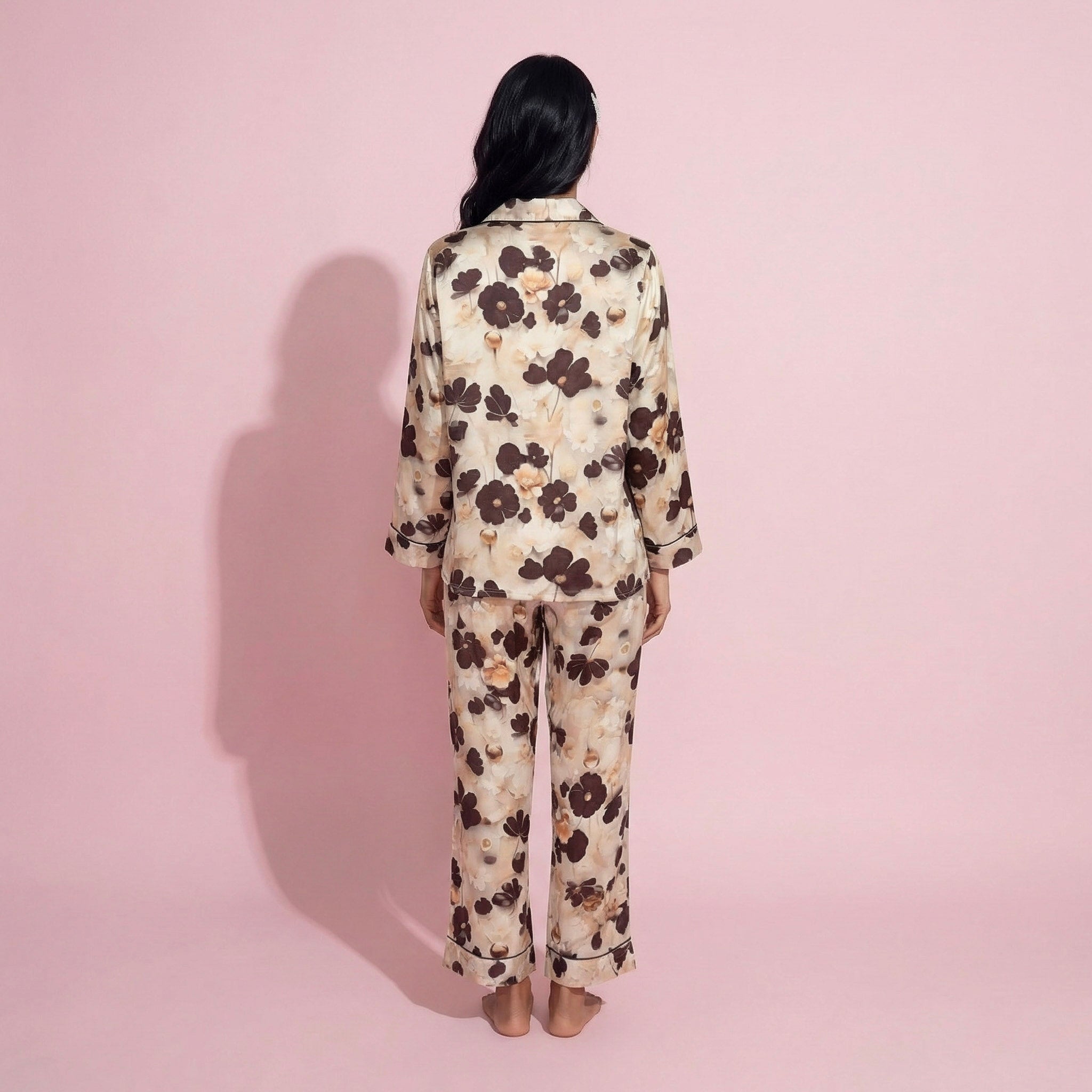 Anna-Kaci Lounge Women's 2-Piece Set Floral Satin Button Front Pajama Top with Contrast Piping and Elastic Waist Pants