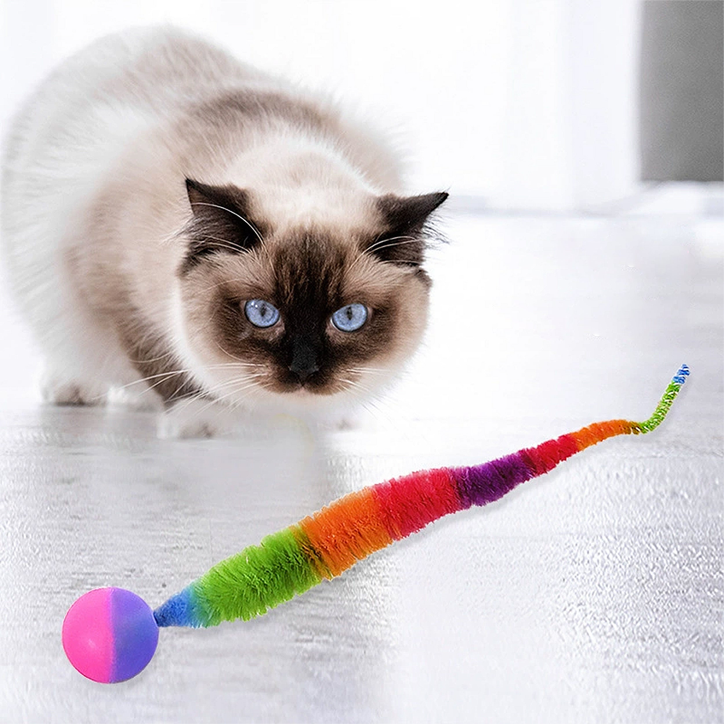 Anna-Kaci Interactive Bouncy Ball with Tail for Cat Fuzzy Worm Fetch Toy for Bored Indoor Adult Cats and Kitties