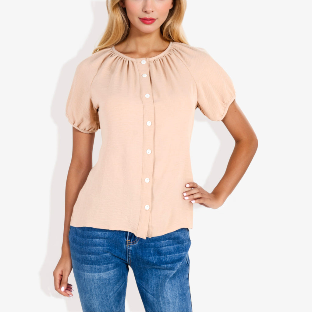 Blusa informal de cuello en V y manga corta con botones para mujer