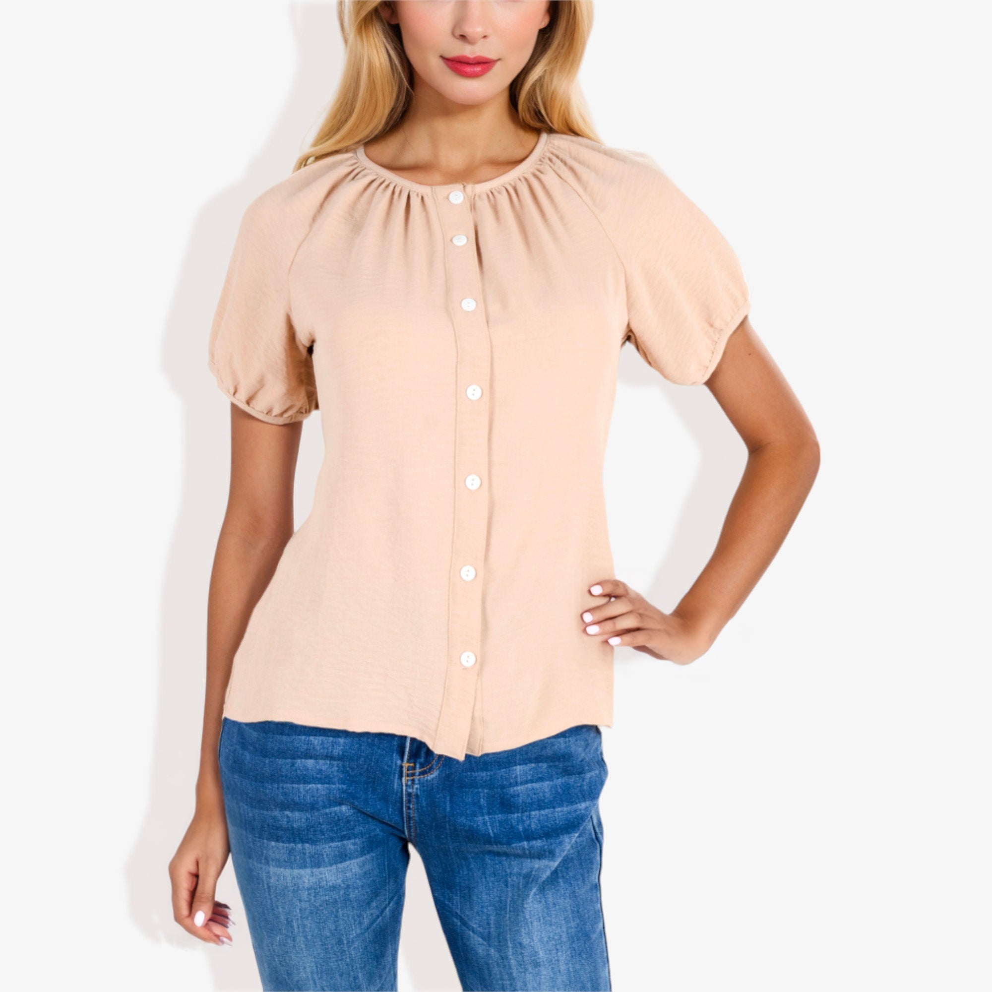 Blusa informal de cuello en V y manga corta con botones para mujer