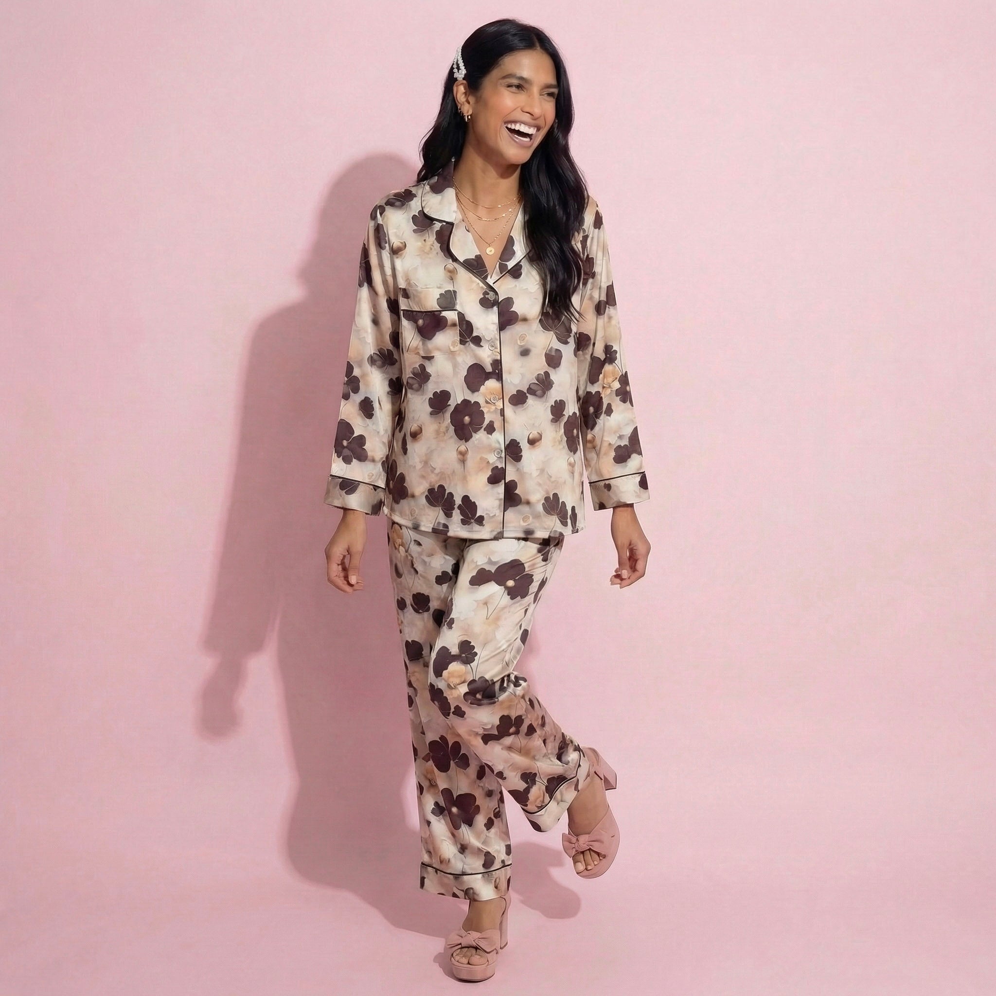 Anna-Kaci Lounge Women's 2-Piece Set Floral Satin Button Front Pajama Top with Contrast Piping and Elastic Waist Pants