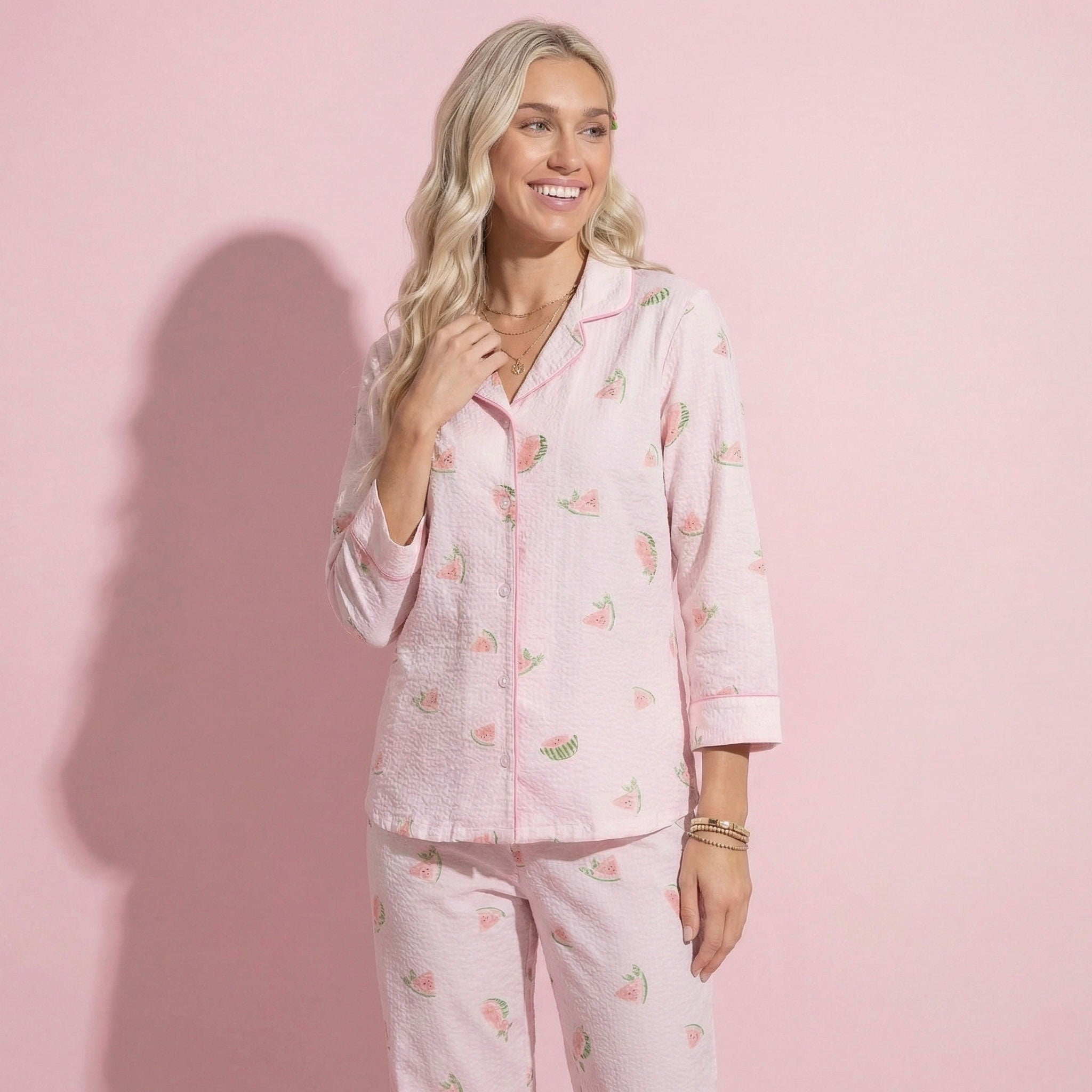 Anna-Kaci Lounge Women's 2-Piece Set Heart Print Button Front Pajama Top with Relaxed Long Sleeves and Matching Elastic Waist Pants