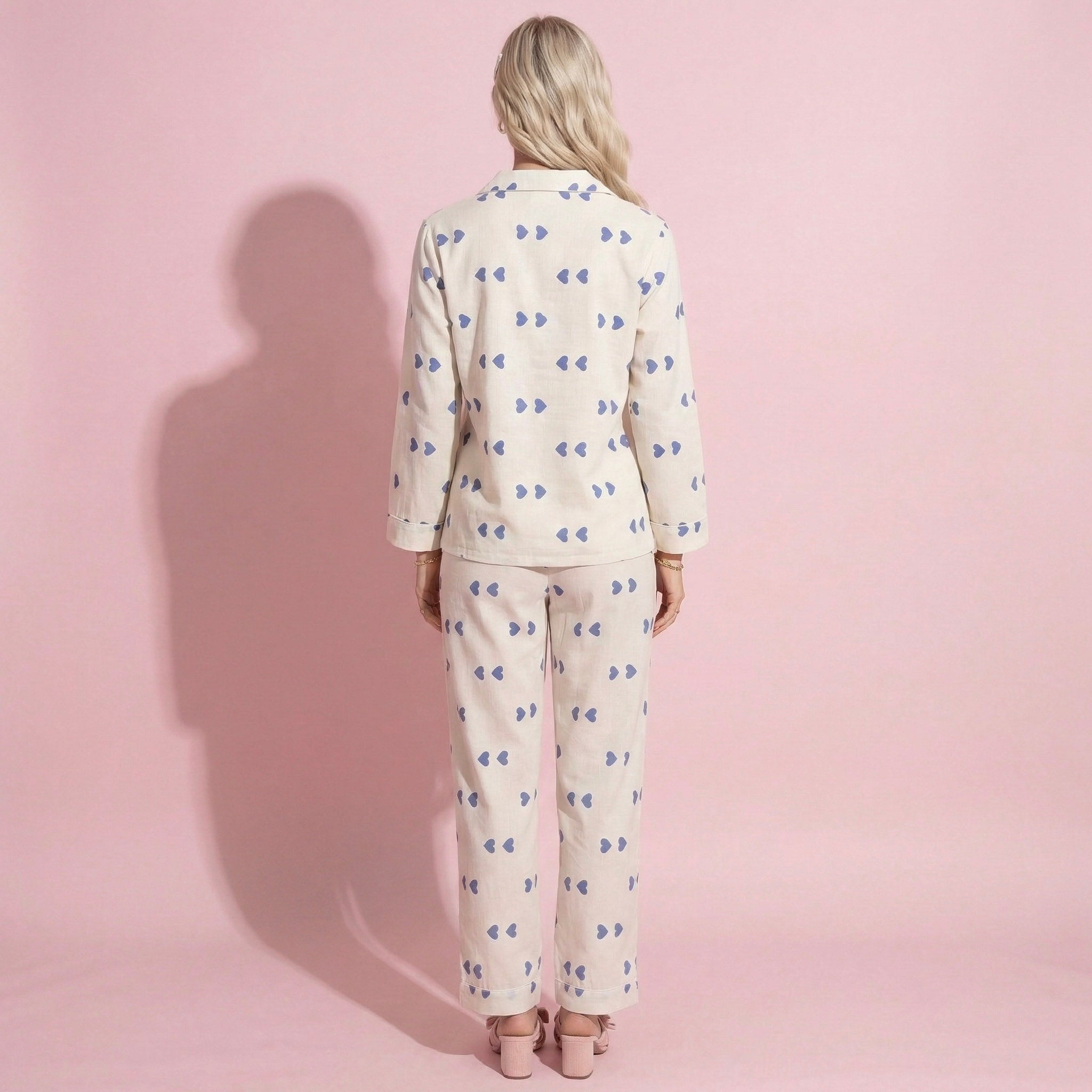 Anna-Kaci Lounge Women's 2-Piece Set Heart Print Button Front Pajama Top with Relaxed Long Sleeves and Matching Elastic Waist Pants