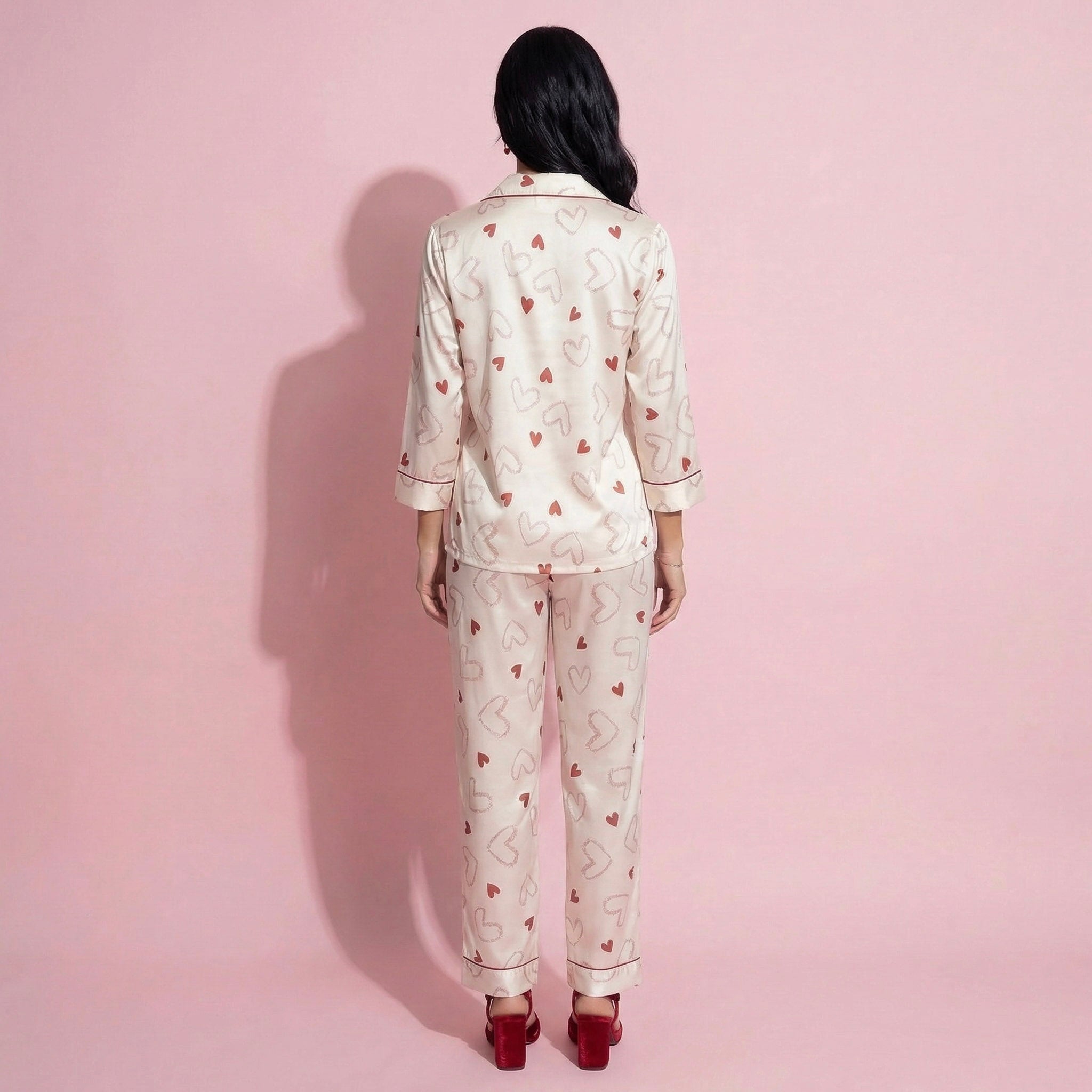 Anna-Kaci Lounge Women's 2-Piece Set Heart Print Satin Button Front Pajama Top with Contrast Piping and Matching Relaxed Fit Pants