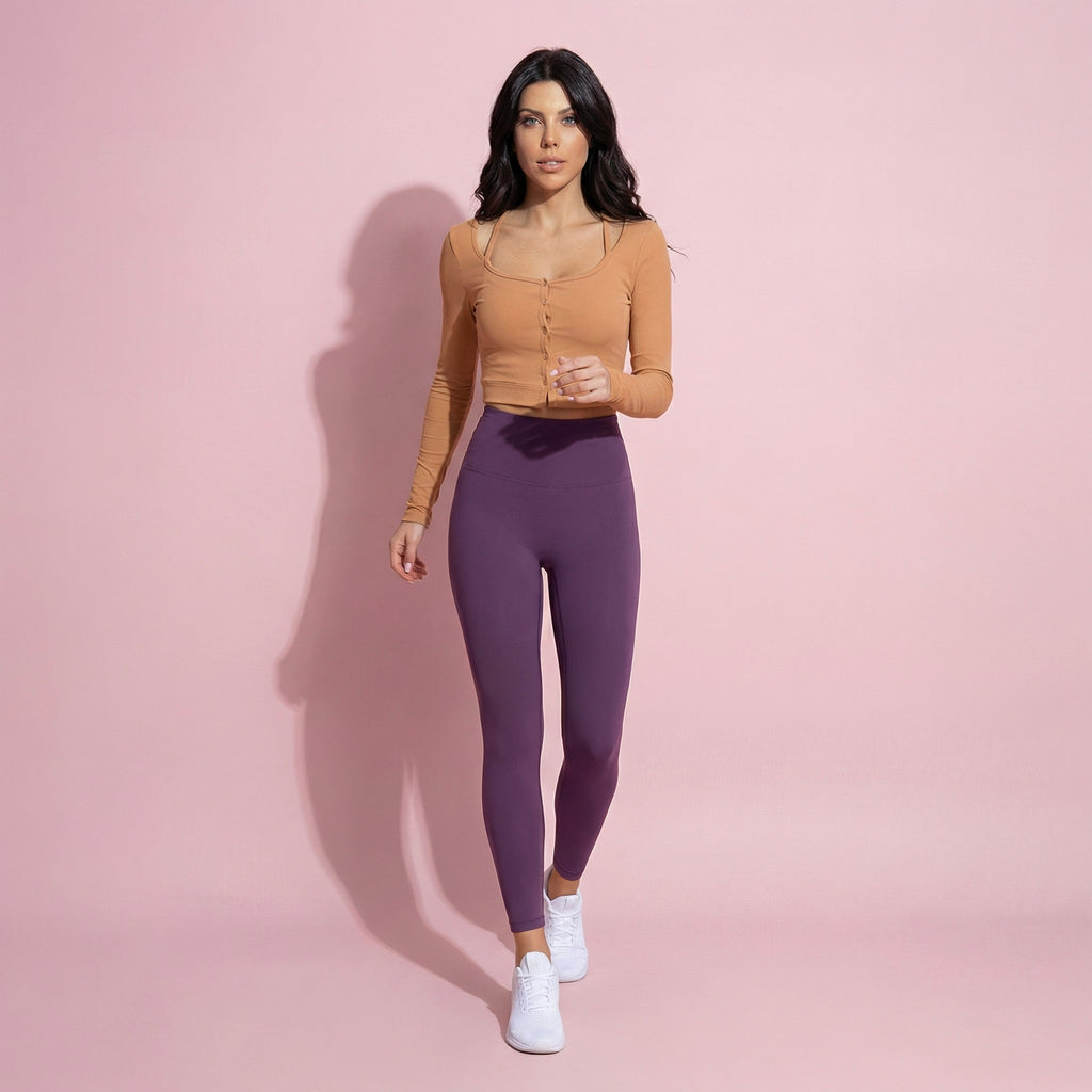 Cropped Button-Up Ribbed Long Sleeve Top with Scoop Neckline