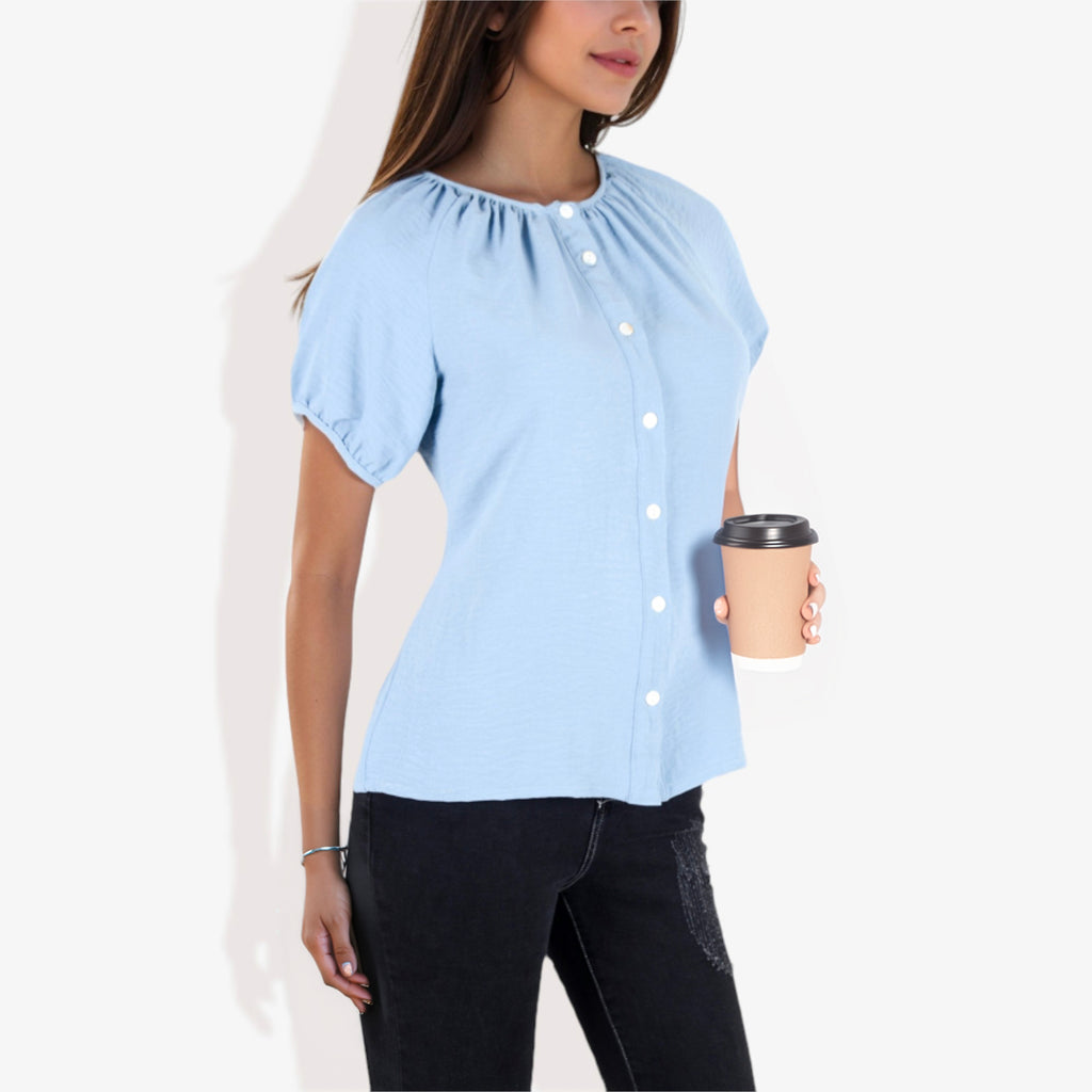 Blusa informal de cuello en V y manga corta con botones para mujer