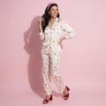 Anna-Kaci Lounge Women's 2-Piece Set Heart Print Satin Button Front Pajama Top with Contrast Piping and Matching Relaxed Fit Pants