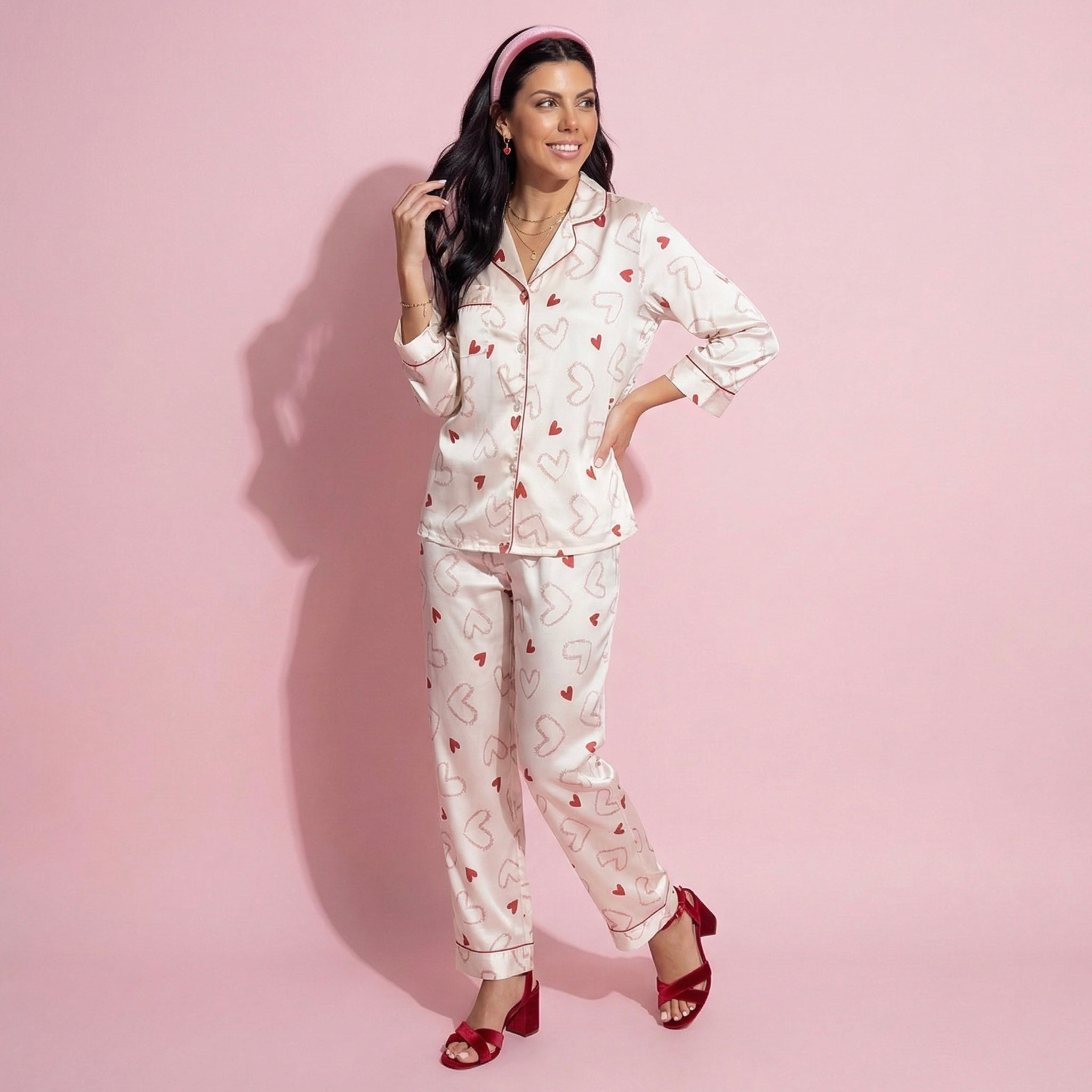 Anna-Kaci Lounge Women's 2-Piece Set Heart Print Satin Button Front Pajama Top with Contrast Piping and Matching Relaxed Fit Pants