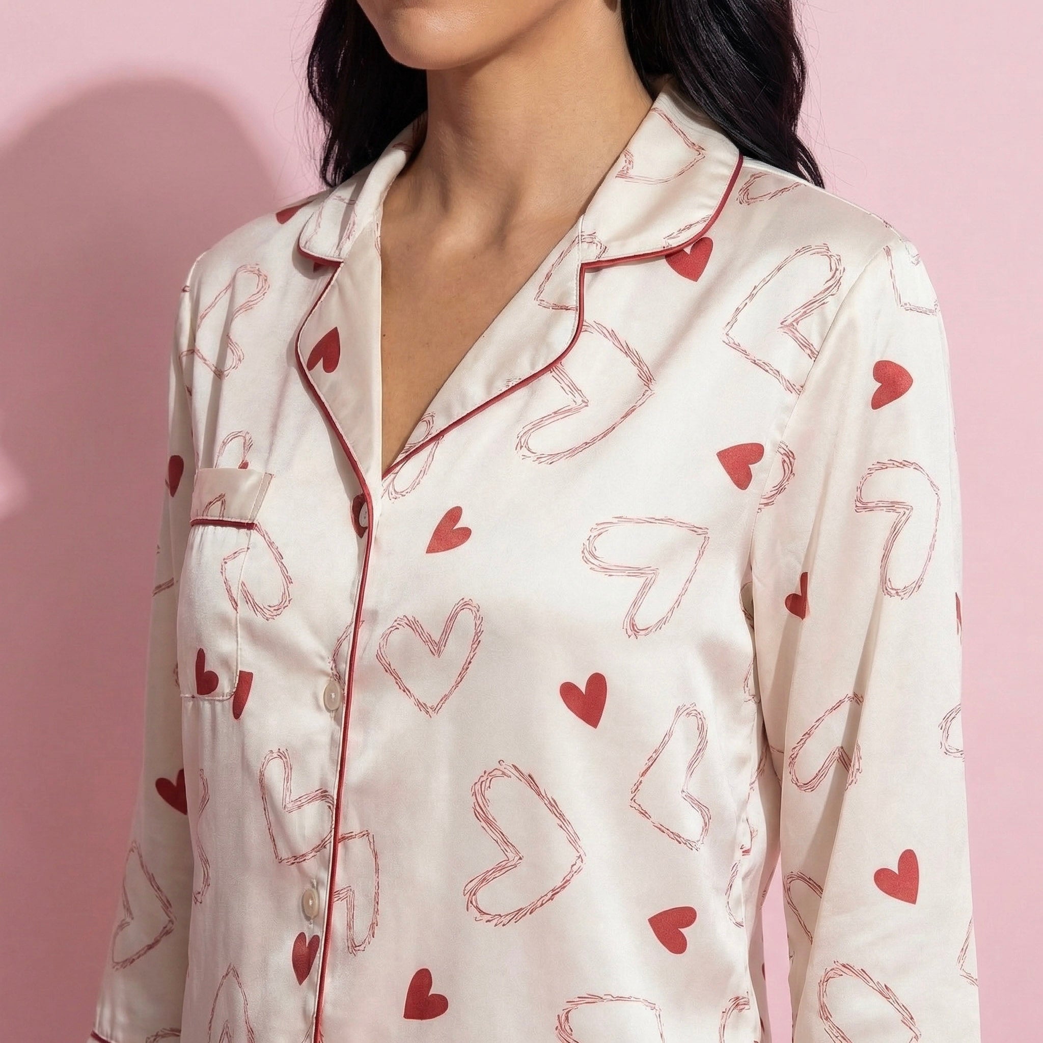 Anna-Kaci Lounge Women's 2-Piece Set Heart Print Satin Button Front Pajama Top with Contrast Piping and Matching Relaxed Fit Pants