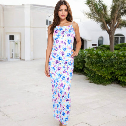 Anna-Kaci Women's Floral Print Spaghetti Strap Maxi Dress with Open Back Detail