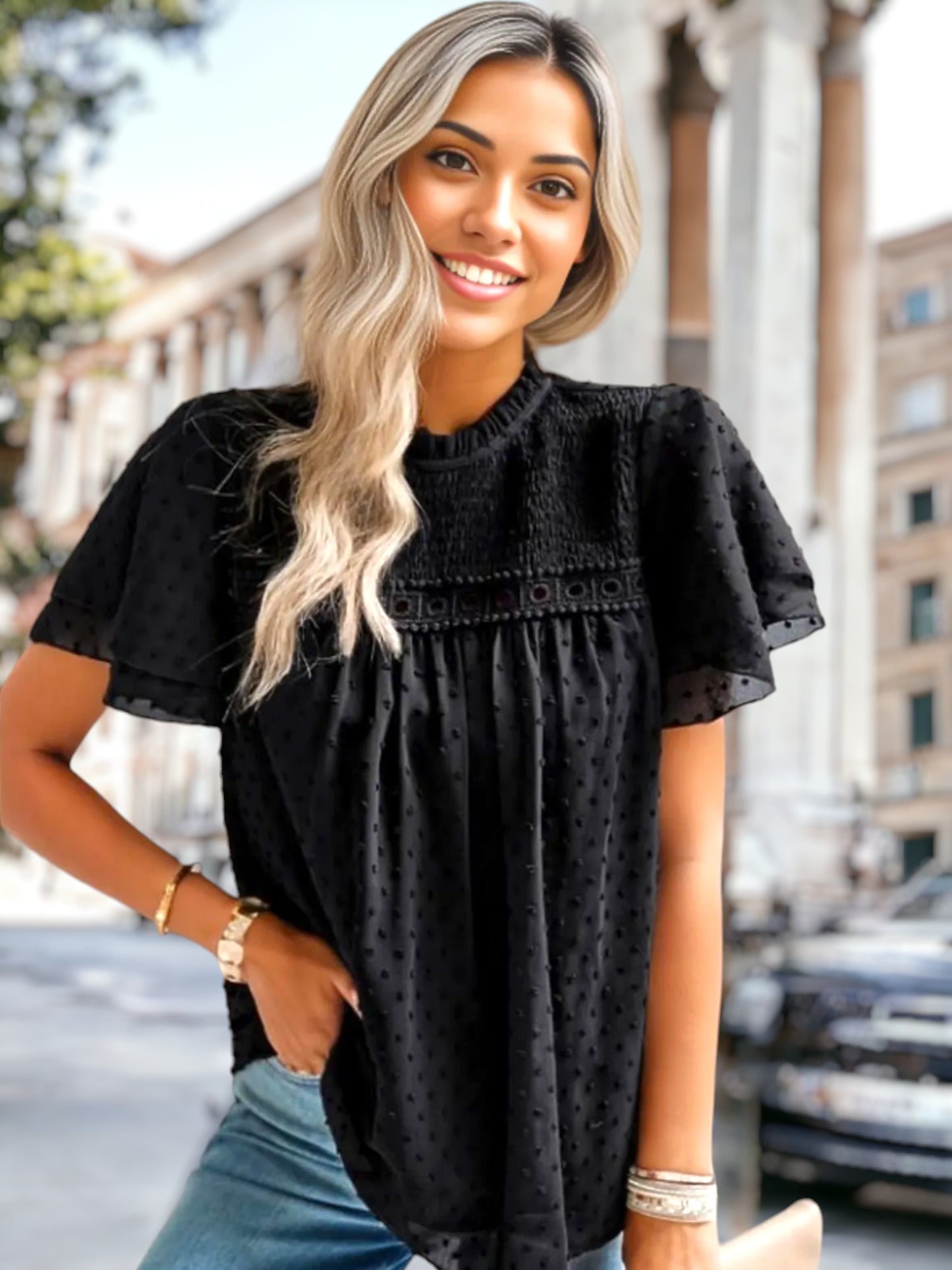 Shirred Lace Detail Blouse