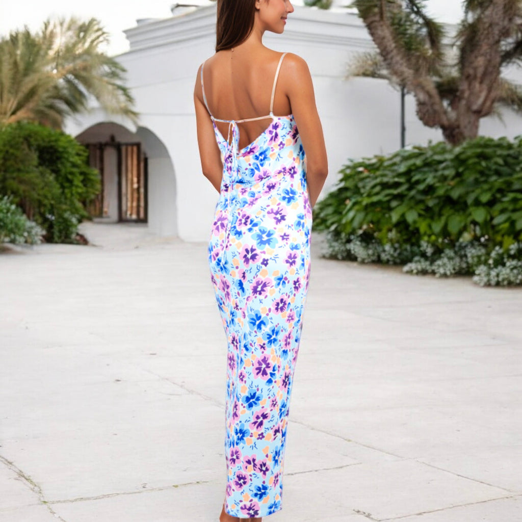 Anna-Kaci Women's Floral Print Spaghetti Strap Maxi Dress with Open Back Detail